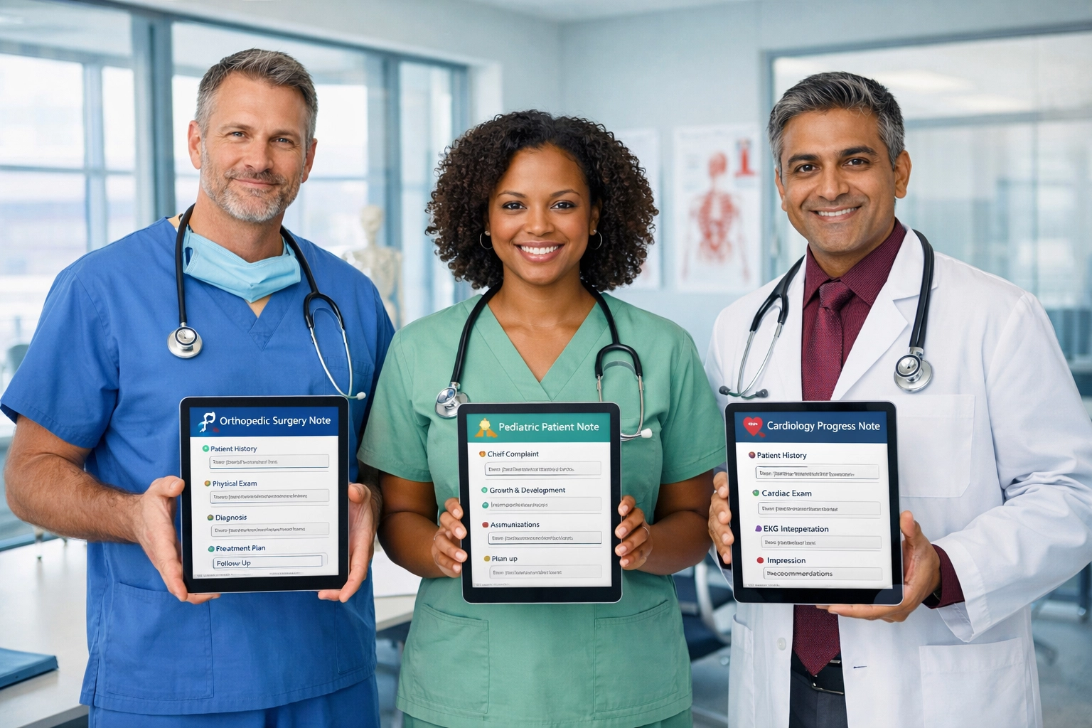 Diverse medical specialists using specialty-specific dictation templates on tablets