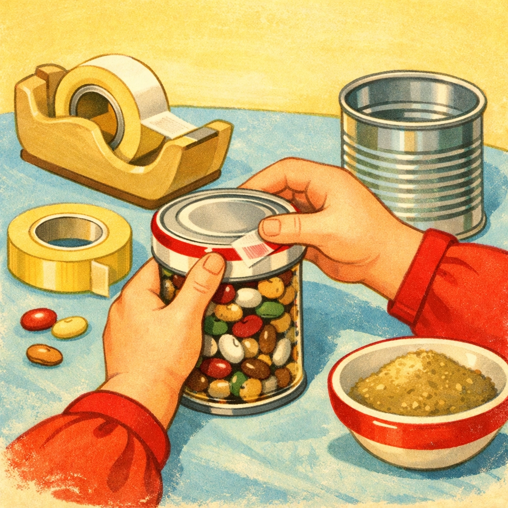 Child's hands taping lid on soup can filled with beans to prepare for friction experiment