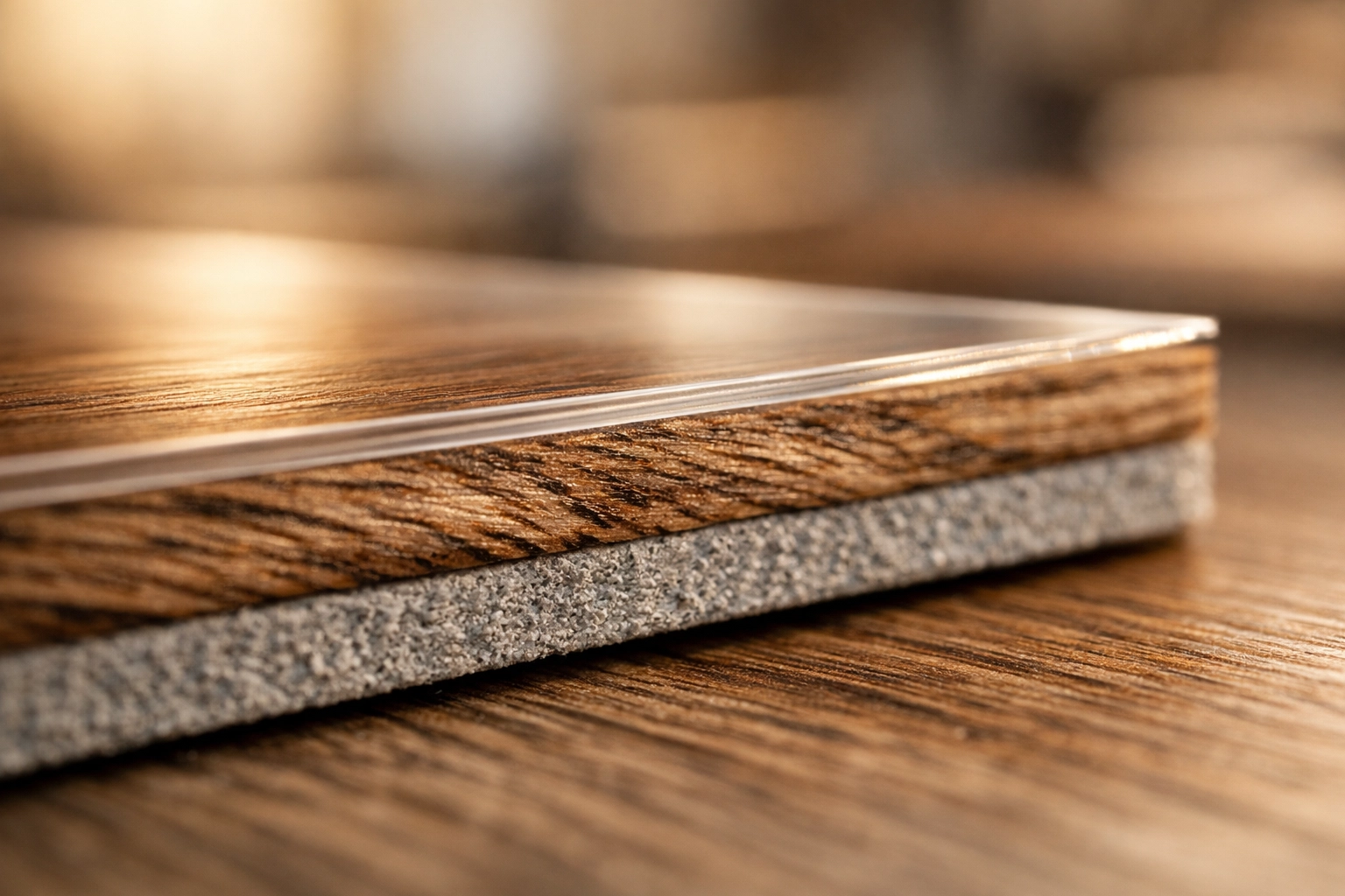 Close-up of luxury vinyl tile (LVT) construction layers showing wear layer and durable core.