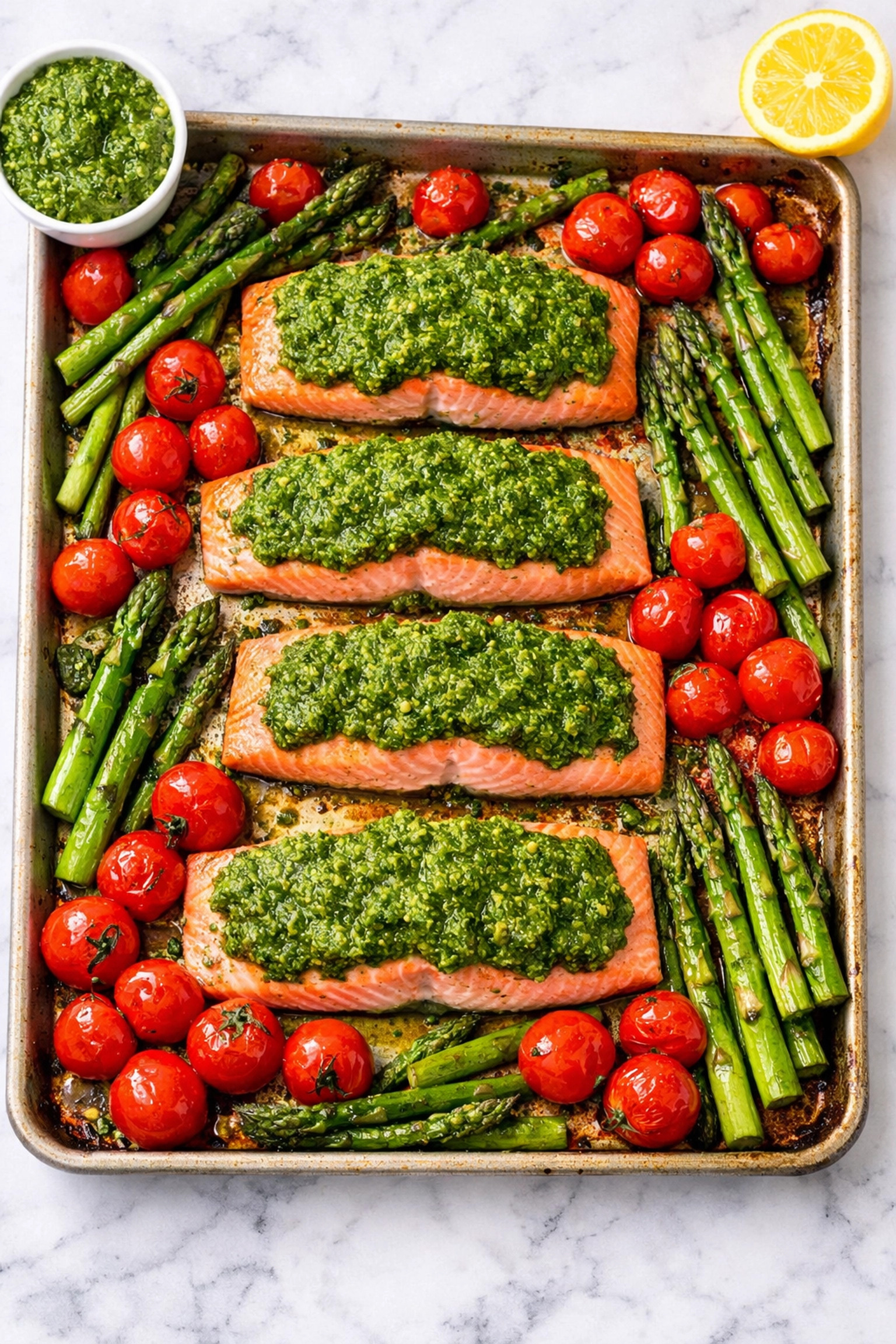 One-pan pesto salmon and roasted vegetables, an easy weeknight dinner in under 20 minutes.