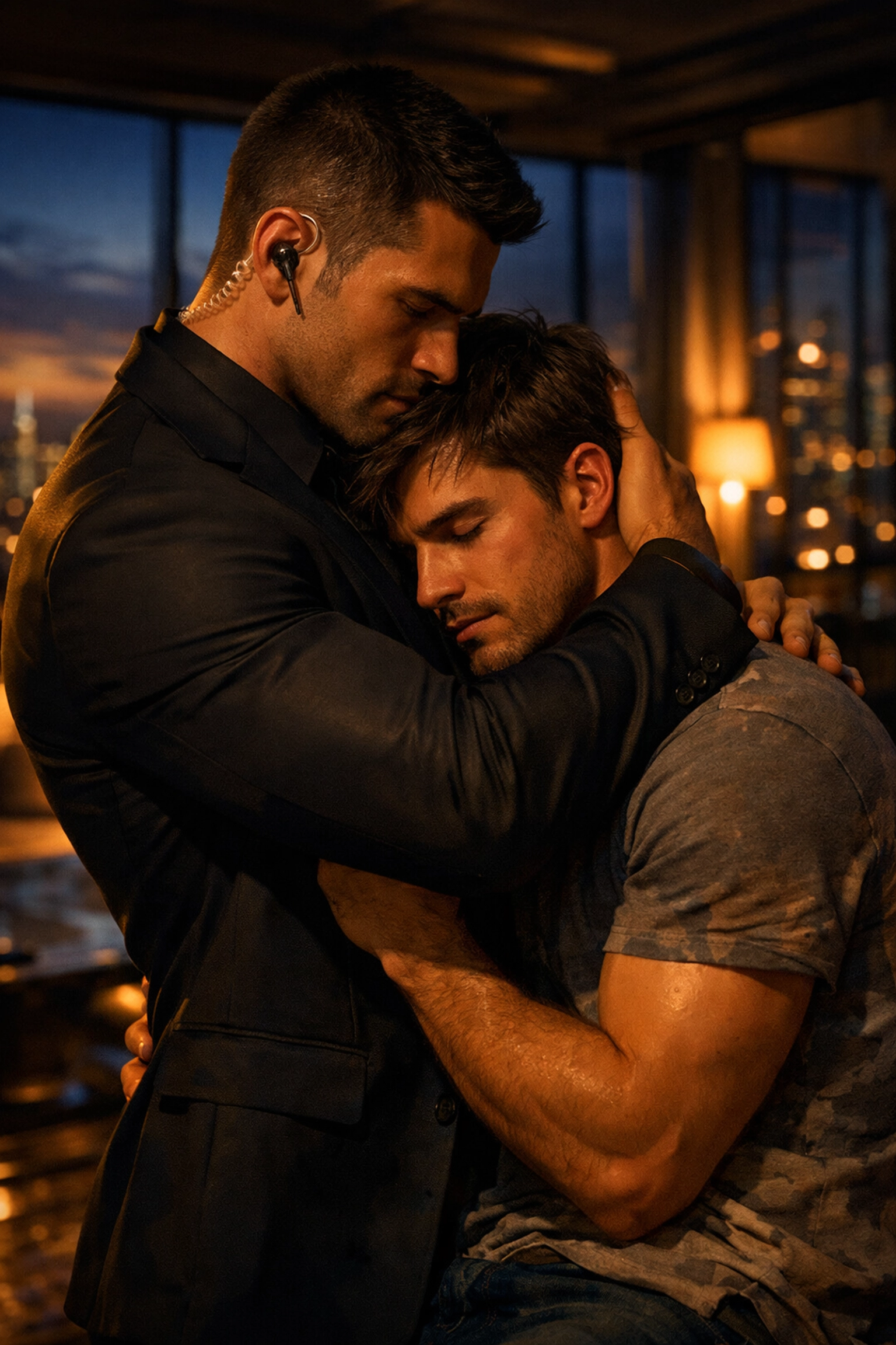 Two men in protective embrace depicting MM bodyguard romance book scene