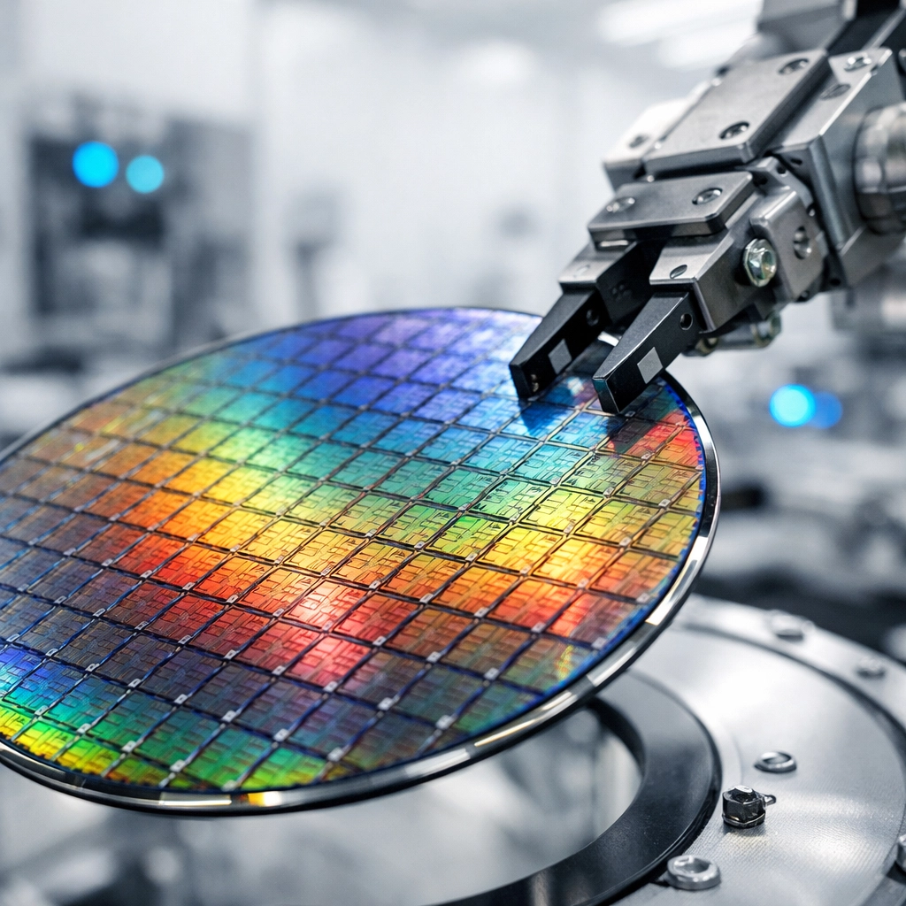A robotic arm handling a silicon semiconductor wafer in a sterile chip manufacturing cleanroom.