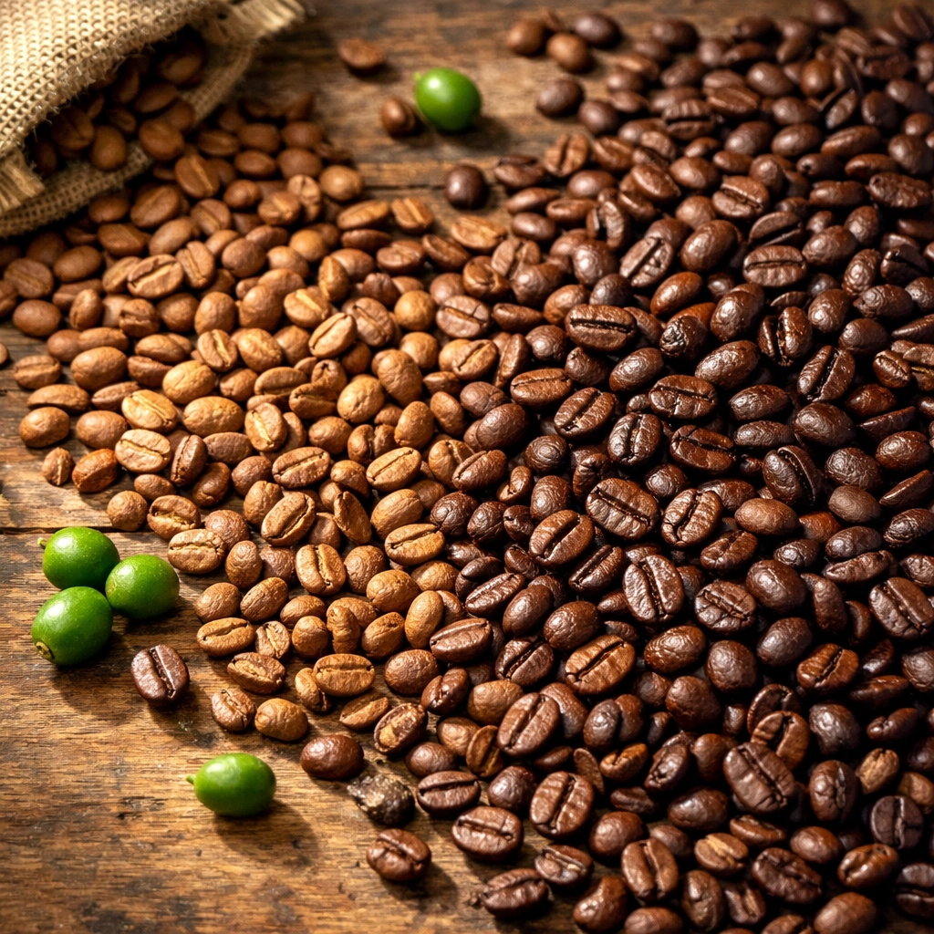 Single origin coffee beans from different regions showing variety in roast color and origin