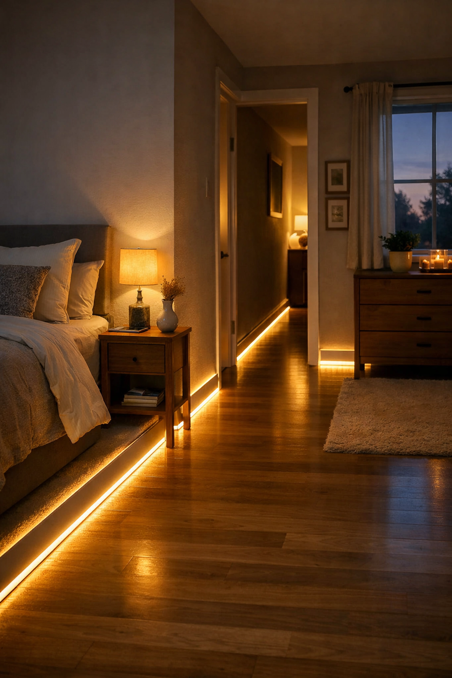 LED night light strips on bedroom baseboards creating a safe, illuminated path for senior fall prevention.