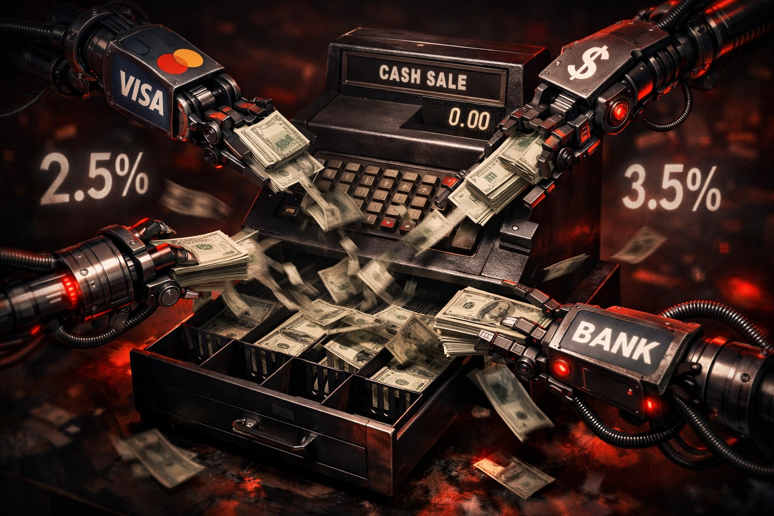 Traditional payment processors extracting merchant interchange fees through multiple intermediaries