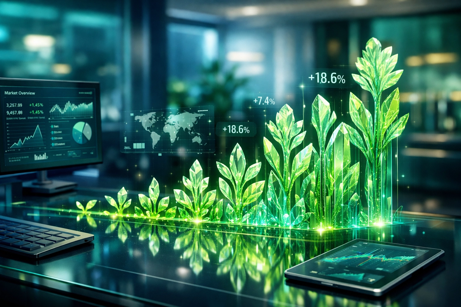 Futuristic financial workstation showing growth charts as green plants, symbolizing high-performing ESG investing.