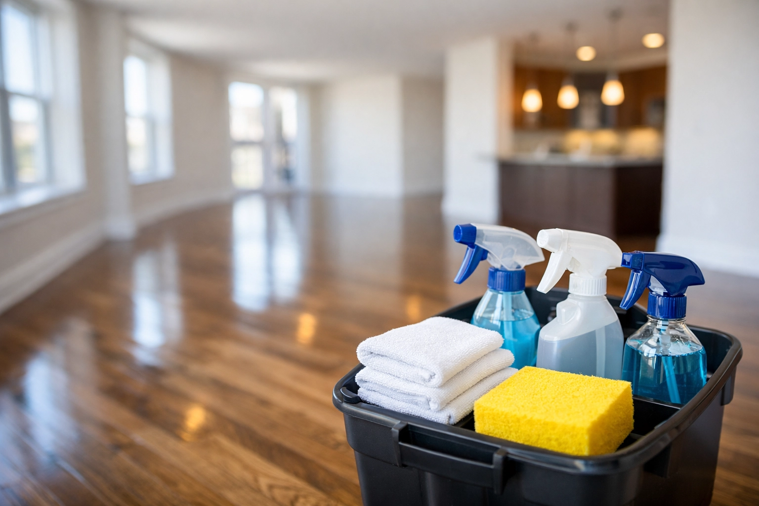 Professional cleaning supplies in an empty Worcester apartment for a move-out cleaning Worcester MA project.