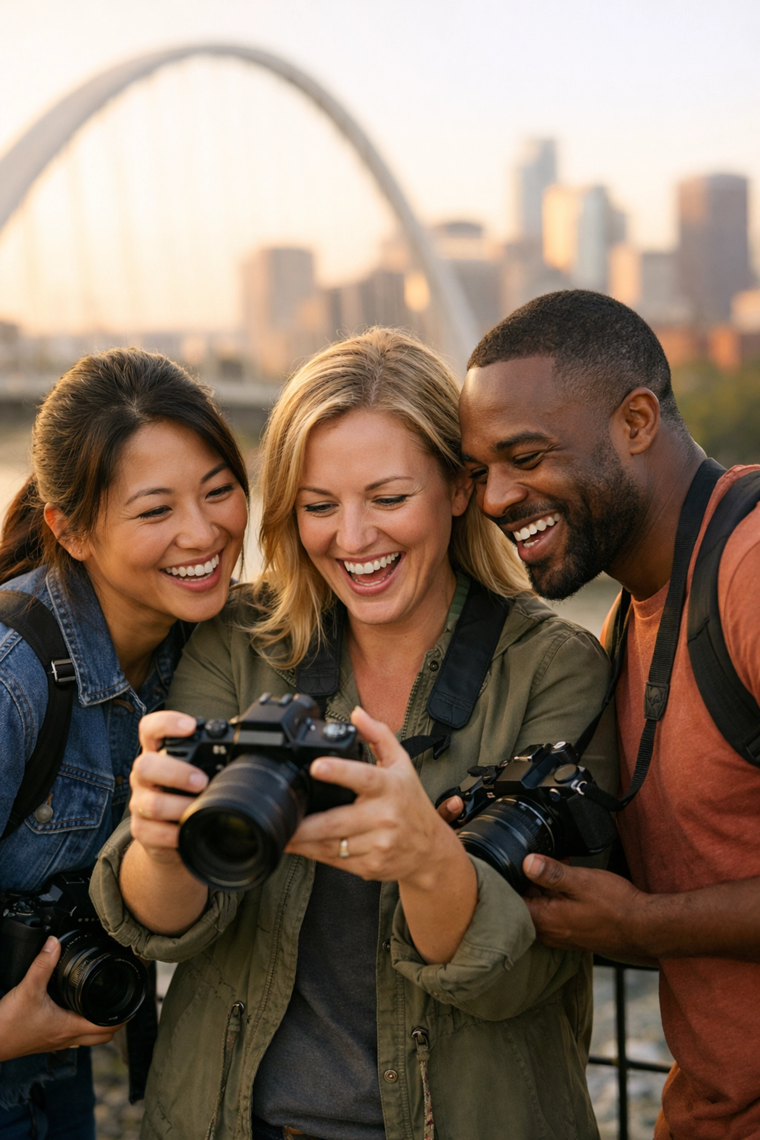 Photography school students practicing how to use manual mode camera during a group workshop.