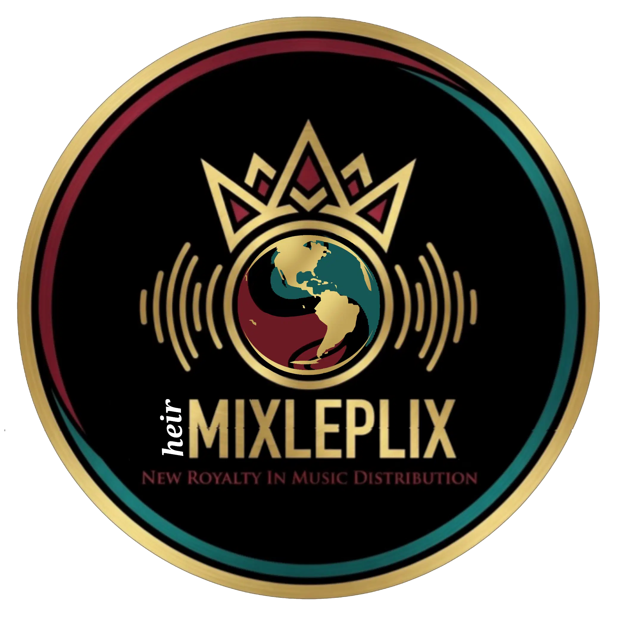 Heir Mixleplix Circular logo with metallic gold, burgundy, and teal border. Features a gold crown above a globe.
