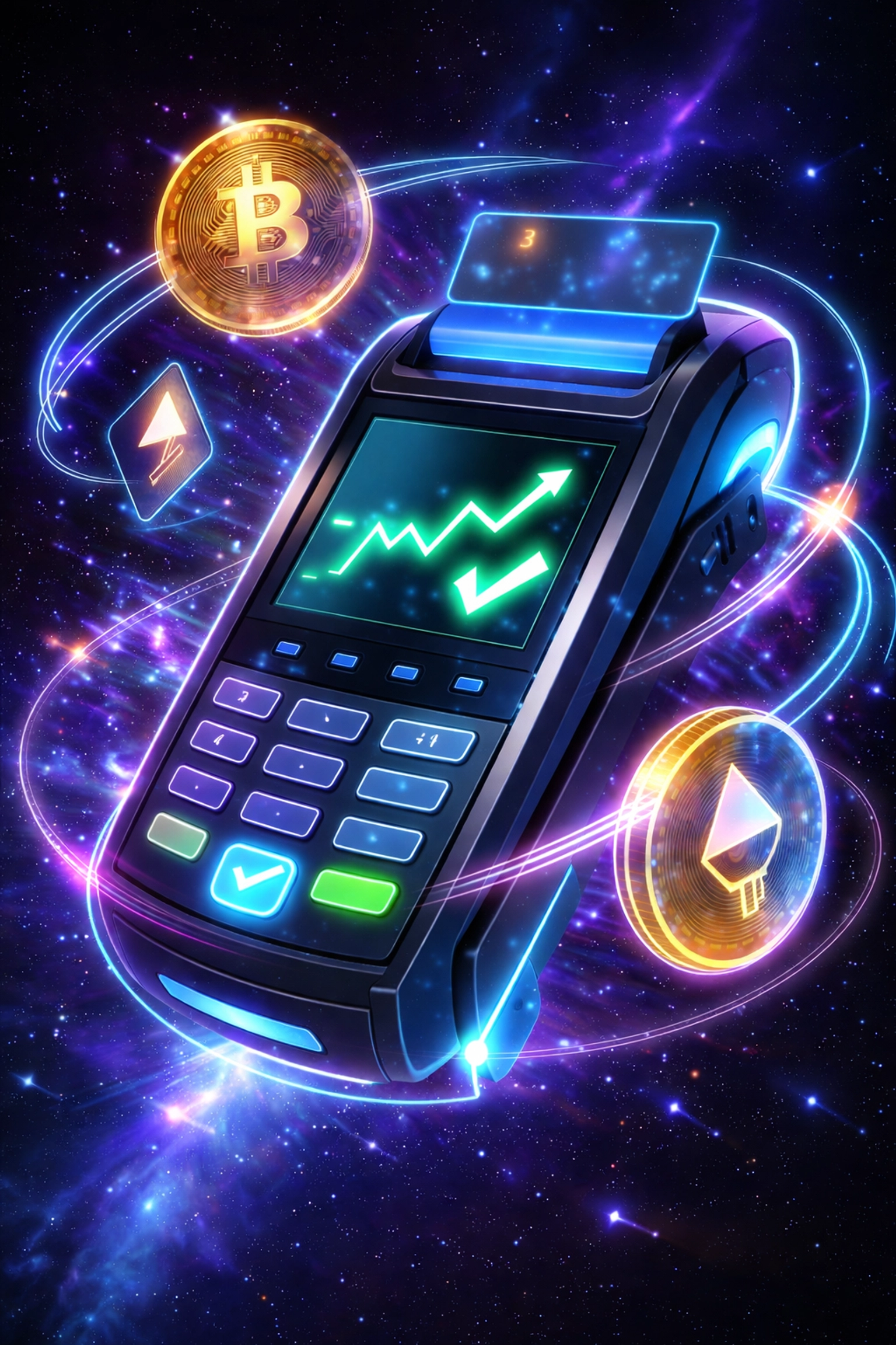 Futuristic crypto payment terminal with Bitcoin and Ethereum icons, symbolizing innovative POS technology for small businesses