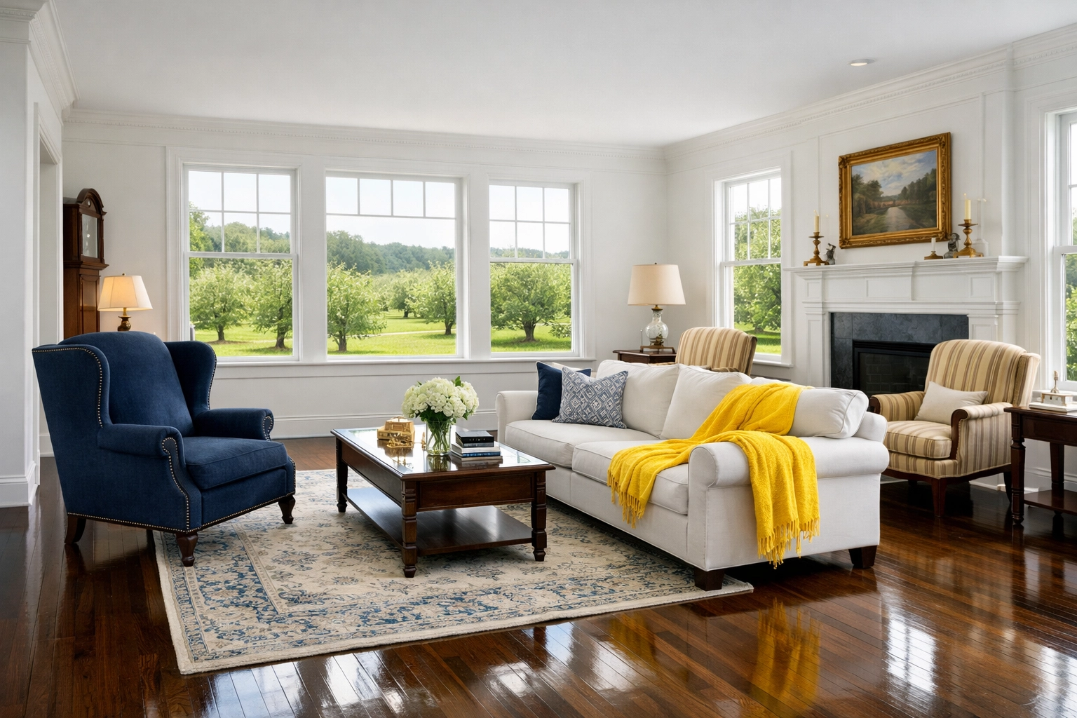 Polished hardwood floors in a sunlit Harvard MA living room reflecting professional house cleaning quality.
