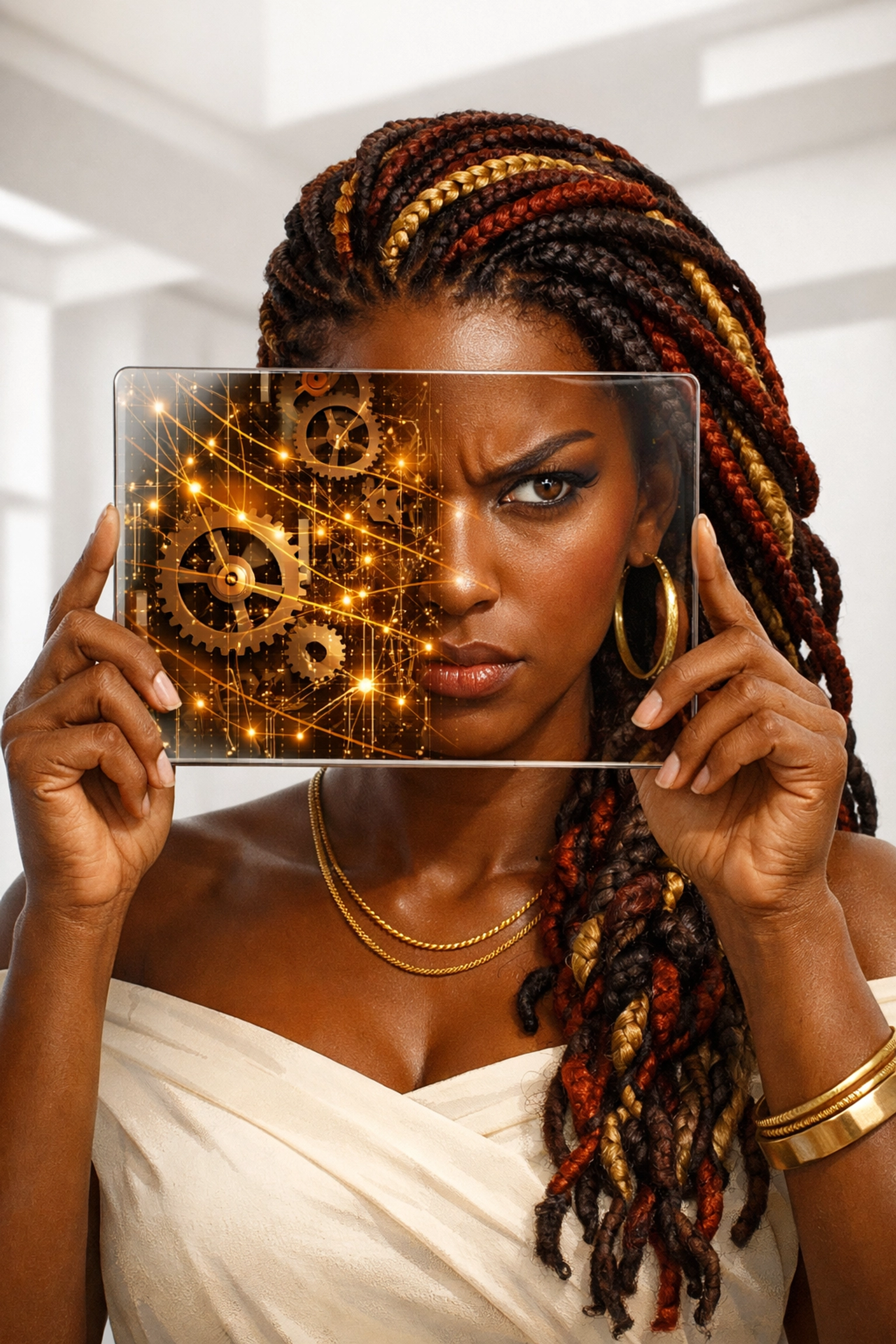 Caribbean woman examining a digital screen to uncover the truth behind gaslighting and agentic AI.