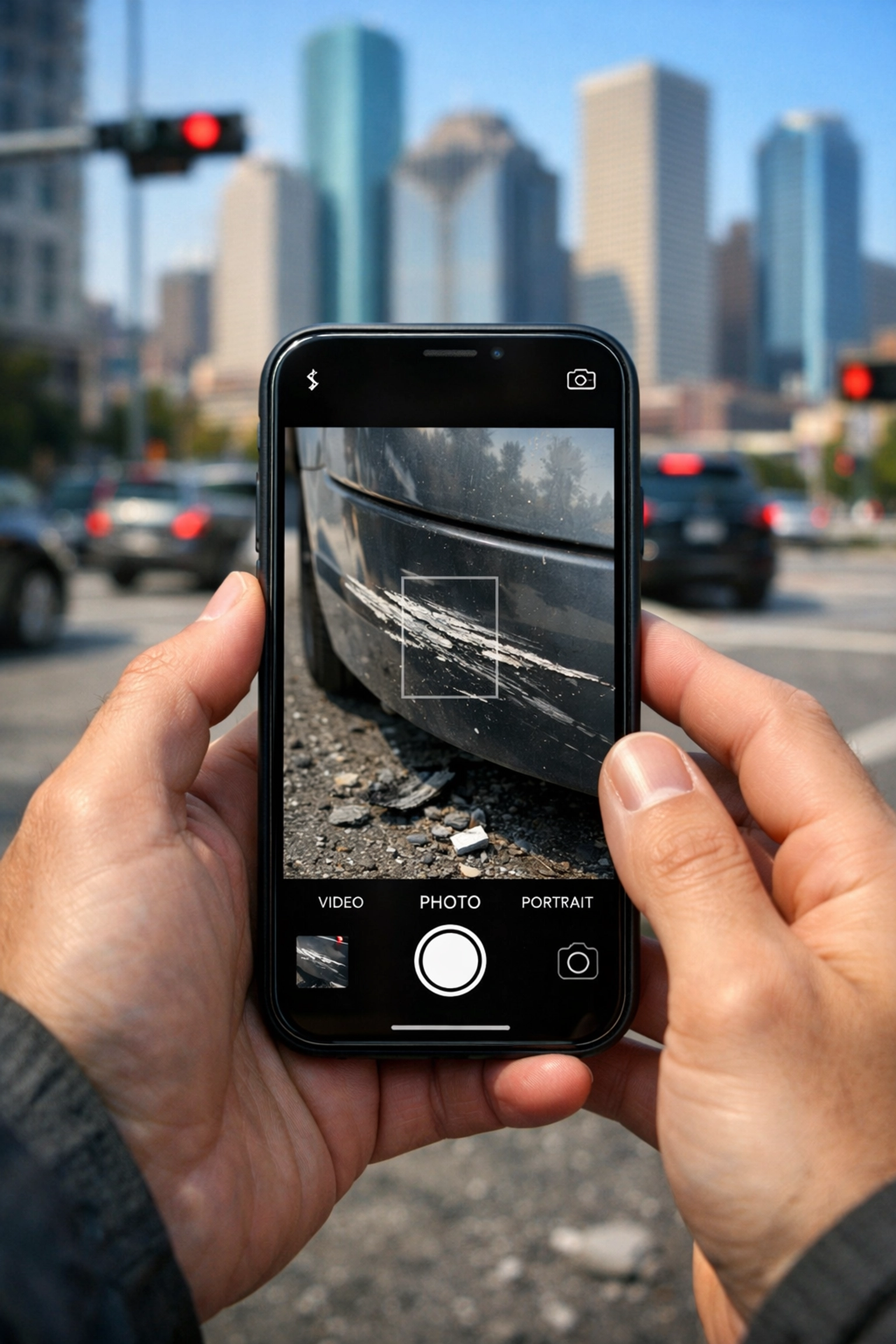 Documenting car accident evidence in Houston by photographing vehicle damage for a personal injury claim.