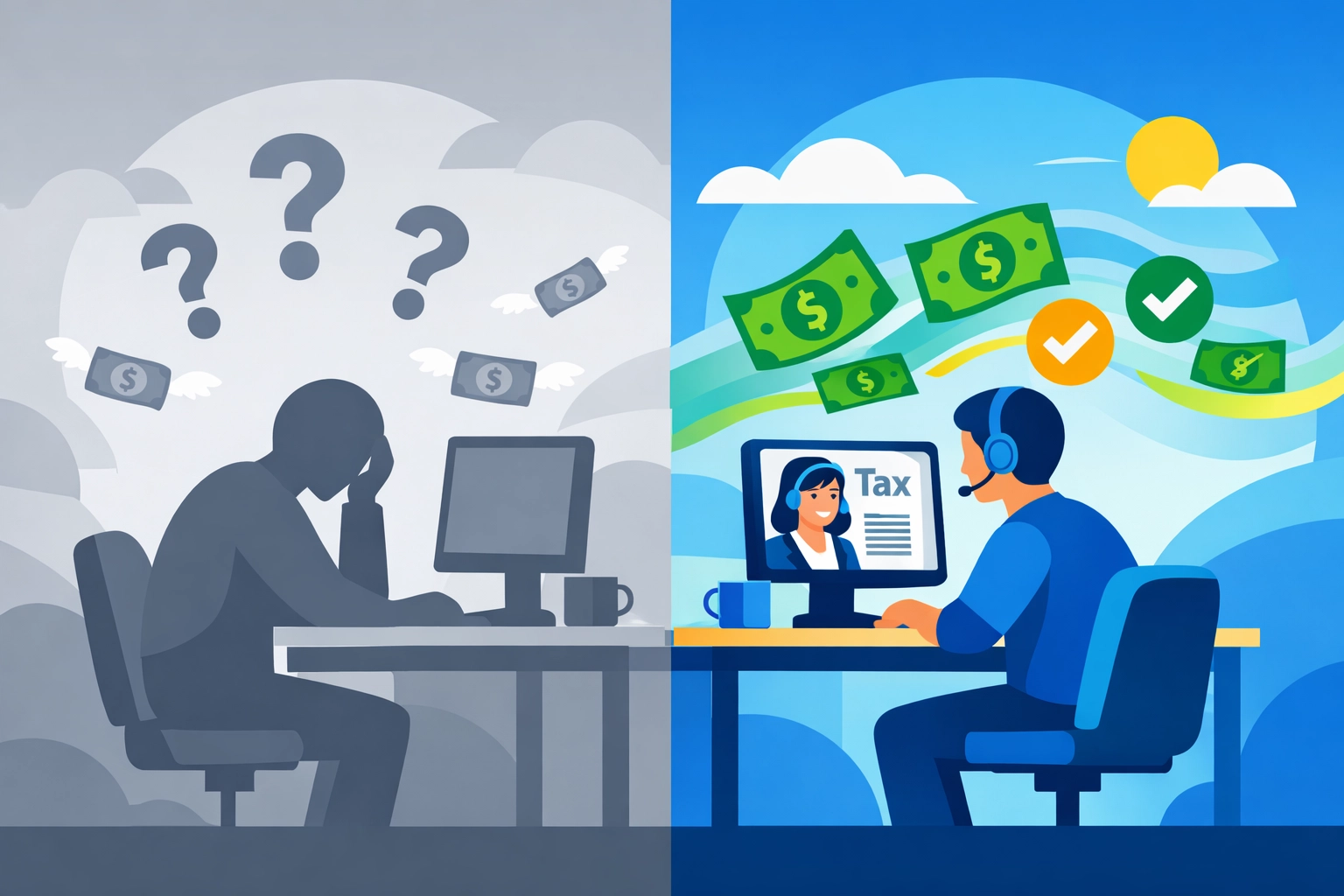 Before and after comparison showing increased tax refund with virtual tax preparer guidance