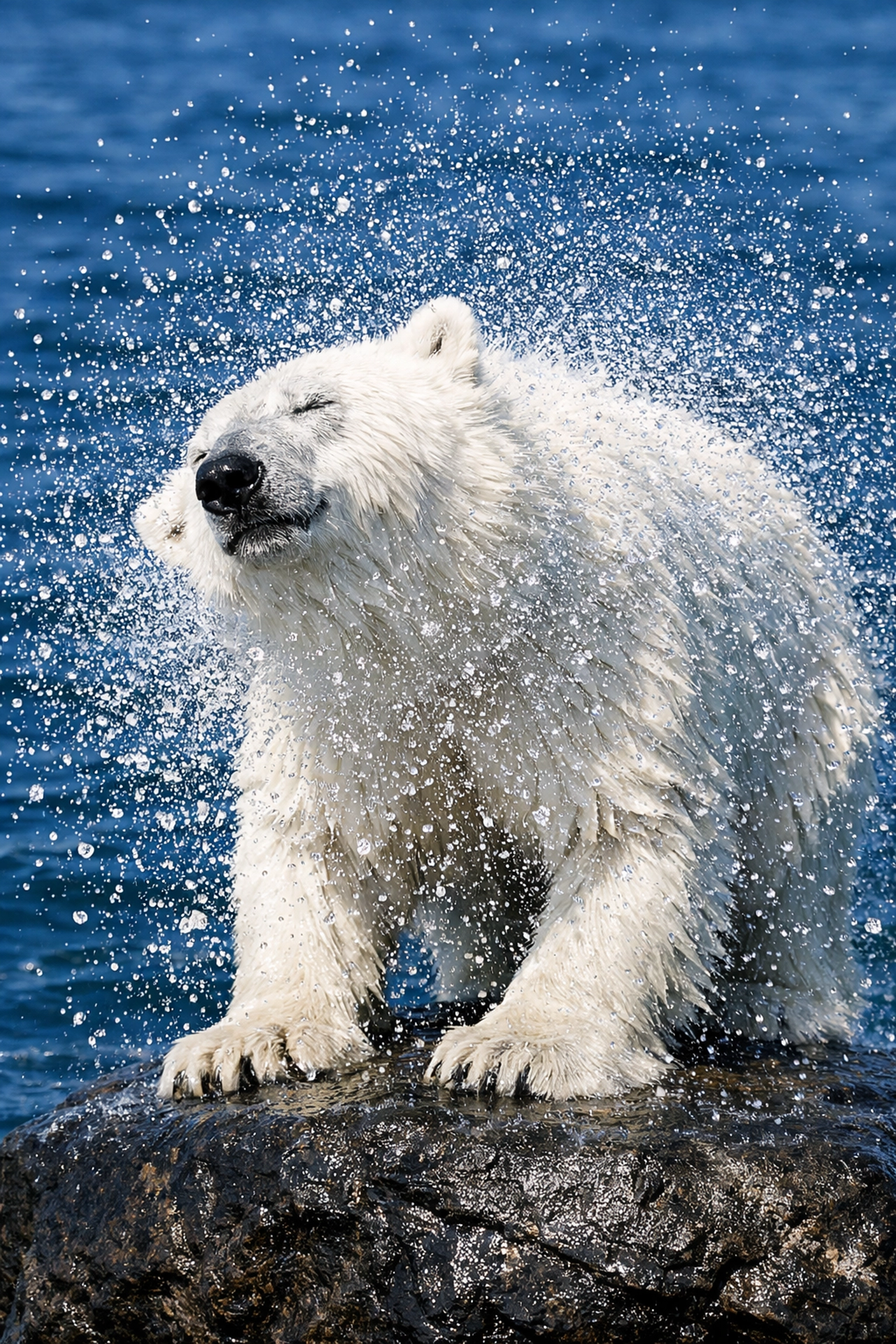 Majestic polar bear shaking water off its fur, showing a powerful high-impact conservation visual.