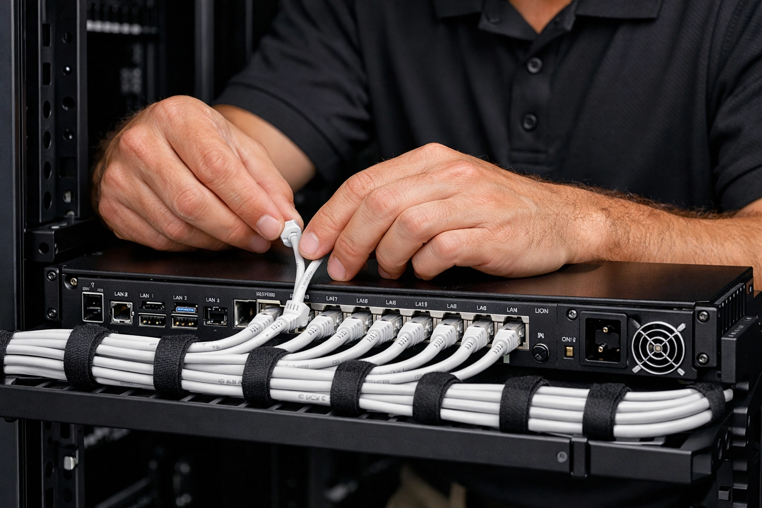 Expert technician organizing network cables for a professional NVR security system installation in Swindon.