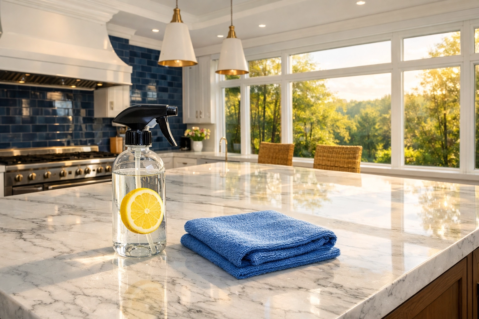 Luxury house cleaning in Dover MA featuring marble countertops and eco-friendly supplies.