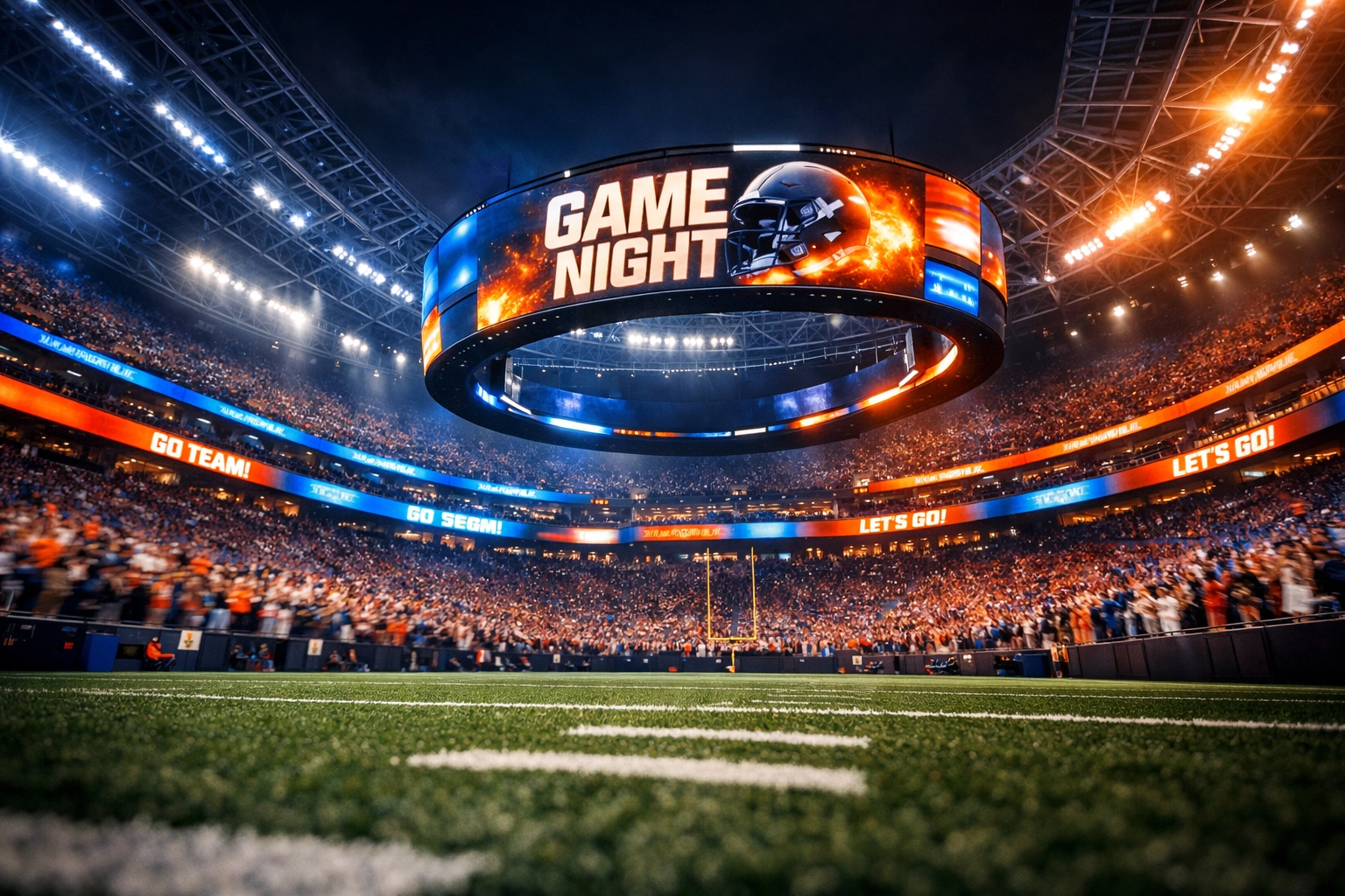 Sporttron digital ribbon boards and jumbotrons displaying sports marketing content in a massive stadium.