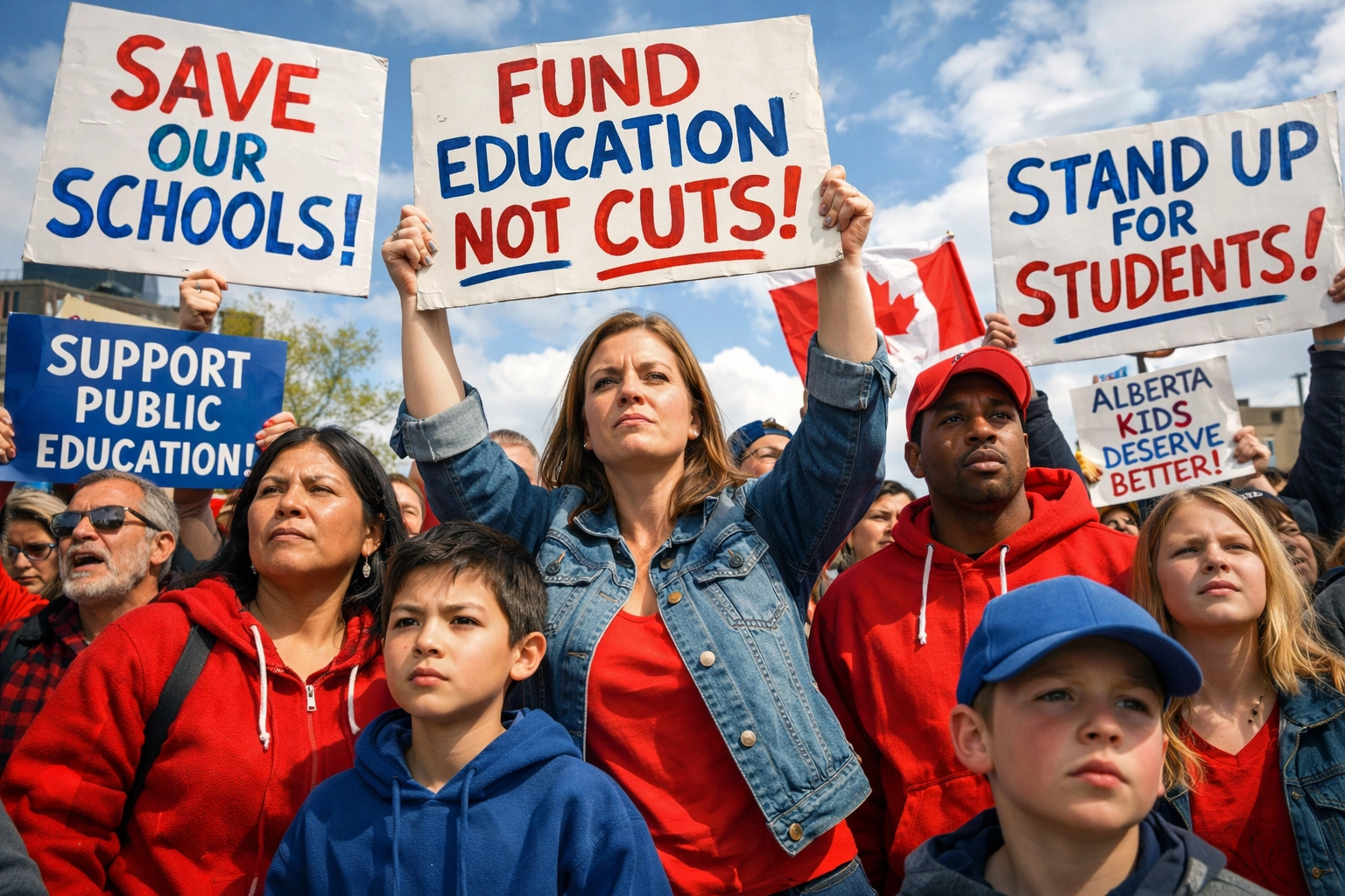 Alberta parents and students at public education funding rally with protest signs