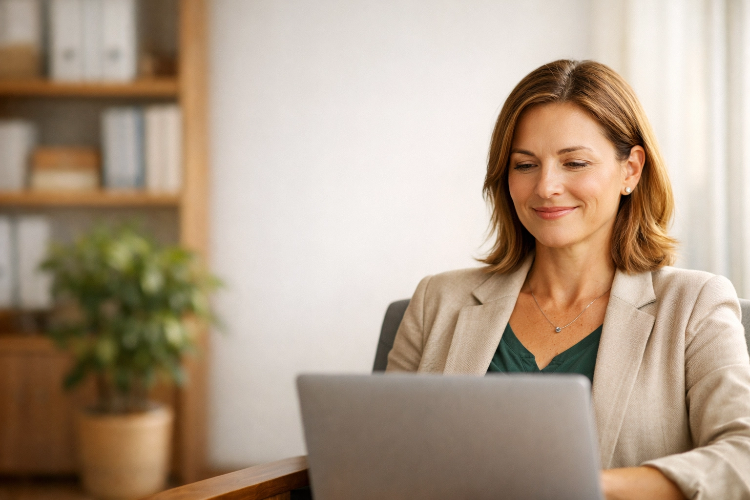 A nonprofit director managing financial statements on her laptop after learning about new audit thresholds.