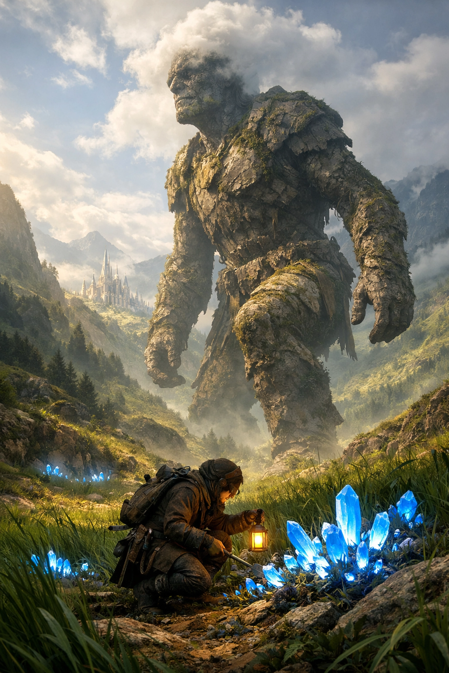 A small explorer harvesting glowing crystals at a giant's feet, representing micro-niche SEO opportunities.