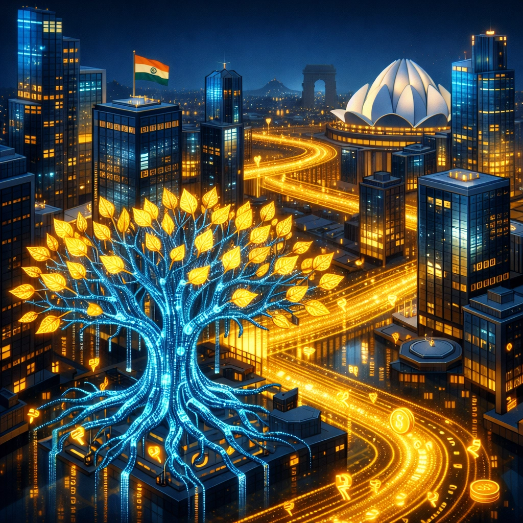 Digital banyan tree and glowing financial data representing investor confidence in the Indian startup ecosystem.