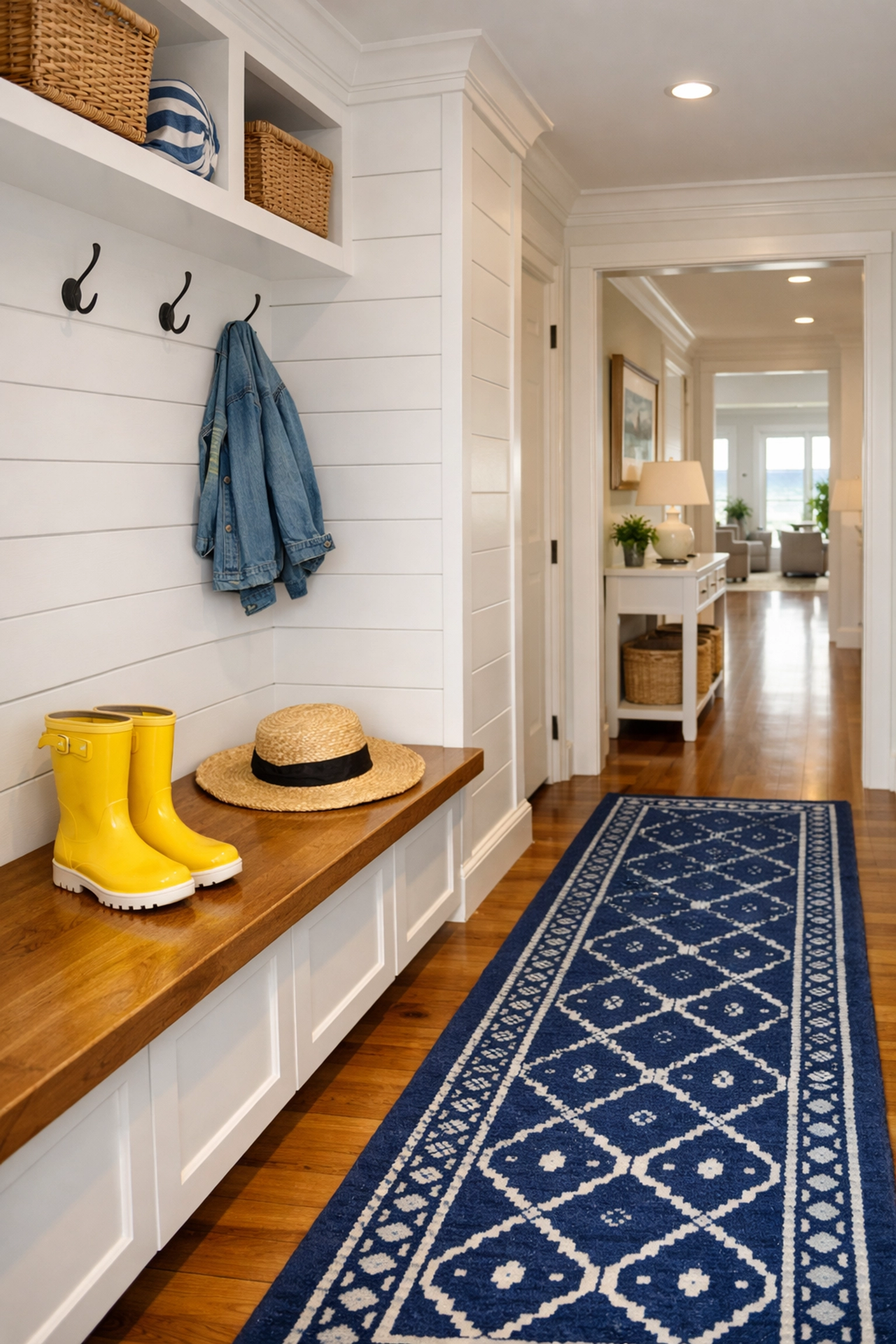 Tidy coastal home entryway in Cohasset with freshly vacuumed floors and organized mudroom.