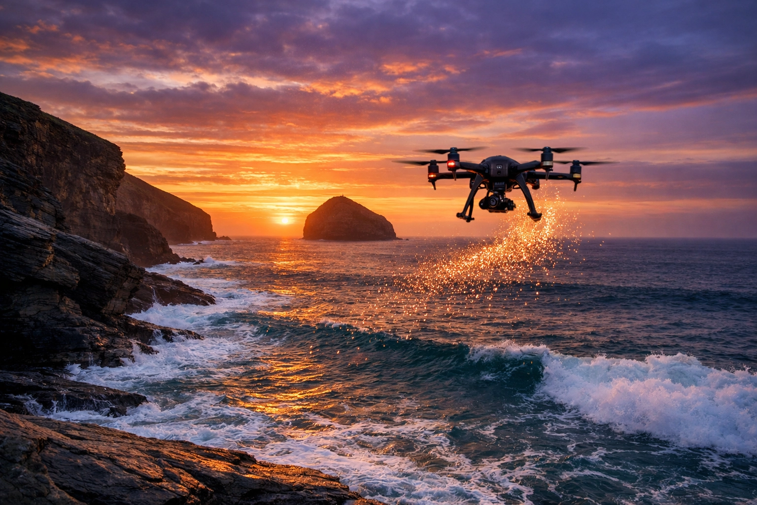 Drone scattering ashes over the Atlantic ocean at Trebarwith Strand, providing a safe memorial near Tintagel.