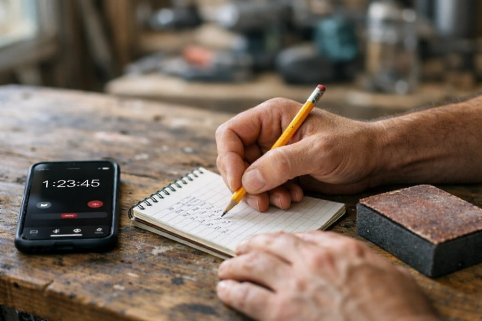 Tracking time on a workbench with a stopwatch to value labor in a furniture flipping side hustle.