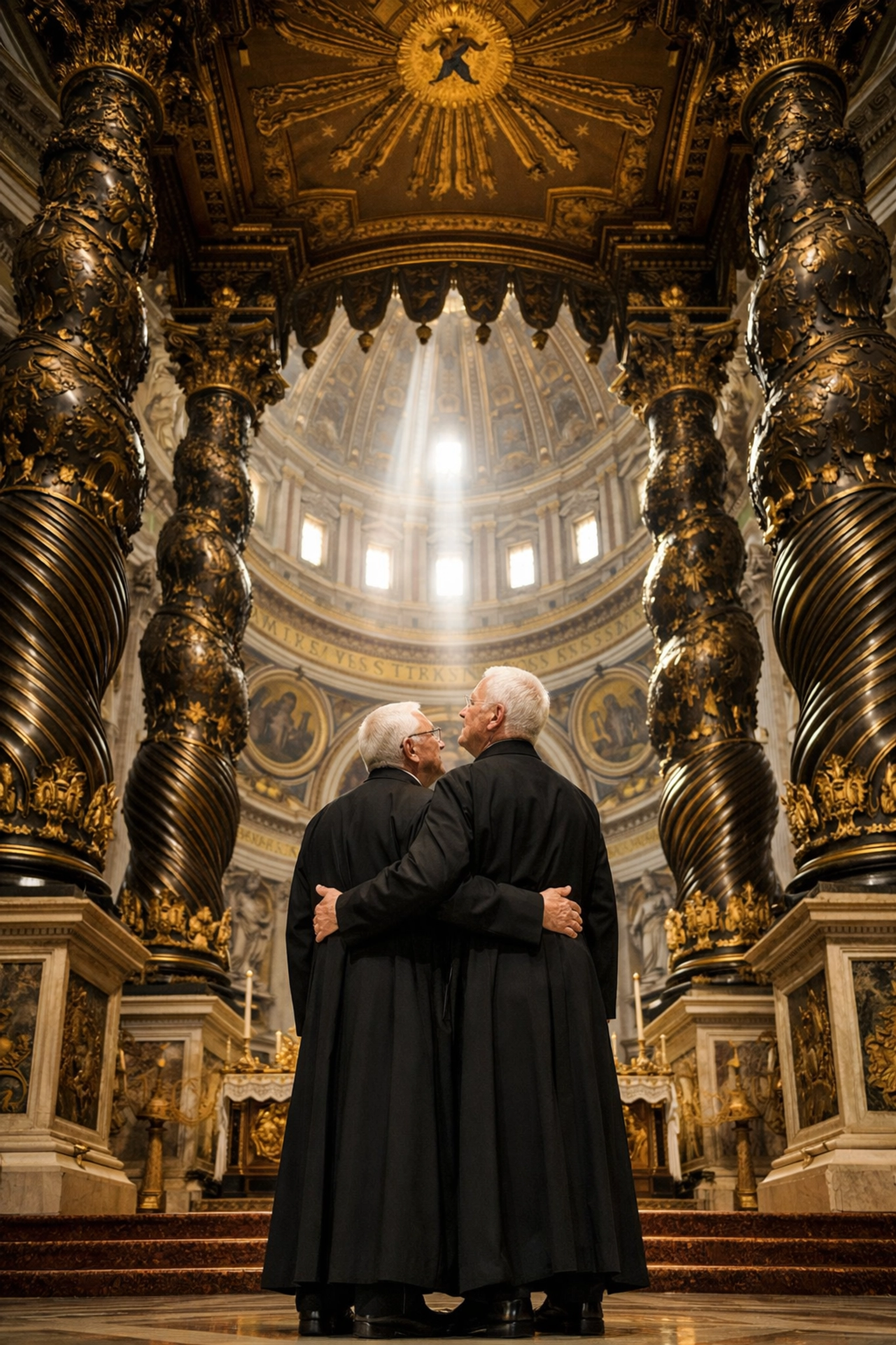 Two elderly priests standing together in St. Peter’s Basilica, a lifelong gay love story in LGBTQ+ fiction.