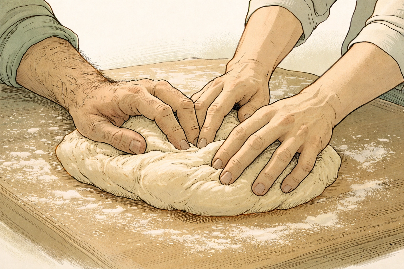 Close-up of two men's hands kneading bread dough together, showing vulnerability and connection in gay baking romance.