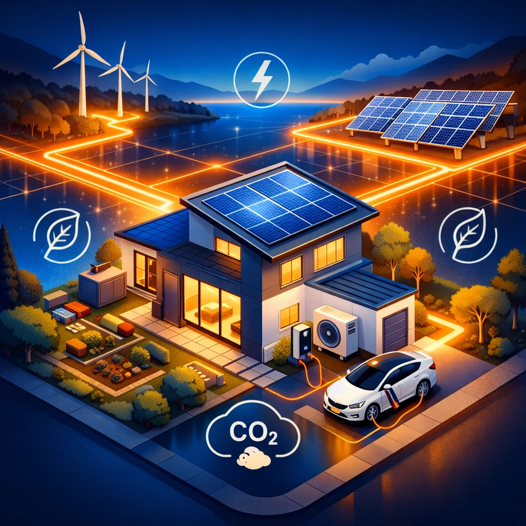 Eco-friendly home in Surrey with a heat pump, solar panels, and EV charging for a carbon-neutral lifestyle.