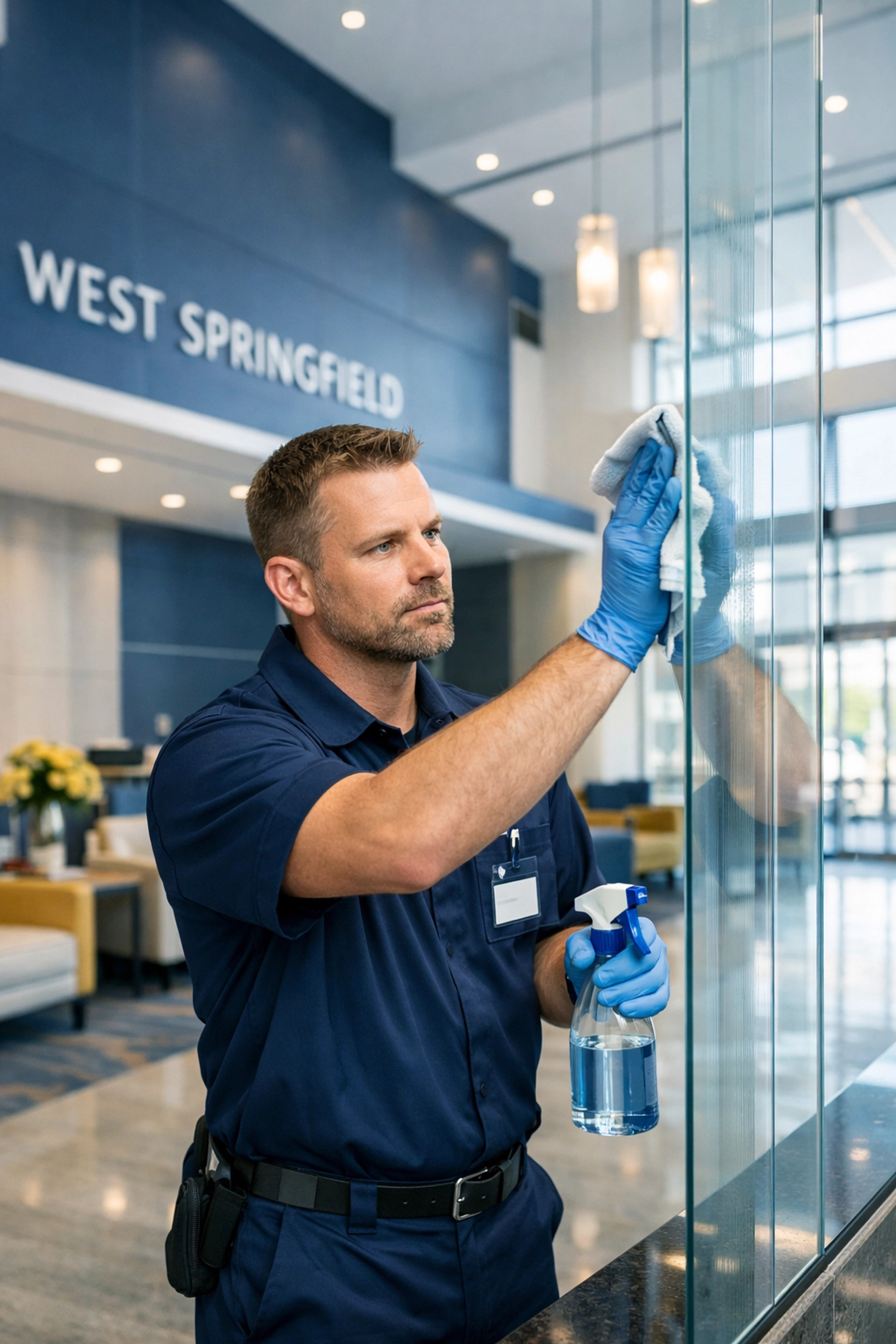 Professional cleaner in uniform wiping glass in a modern West Springfield office lobby.