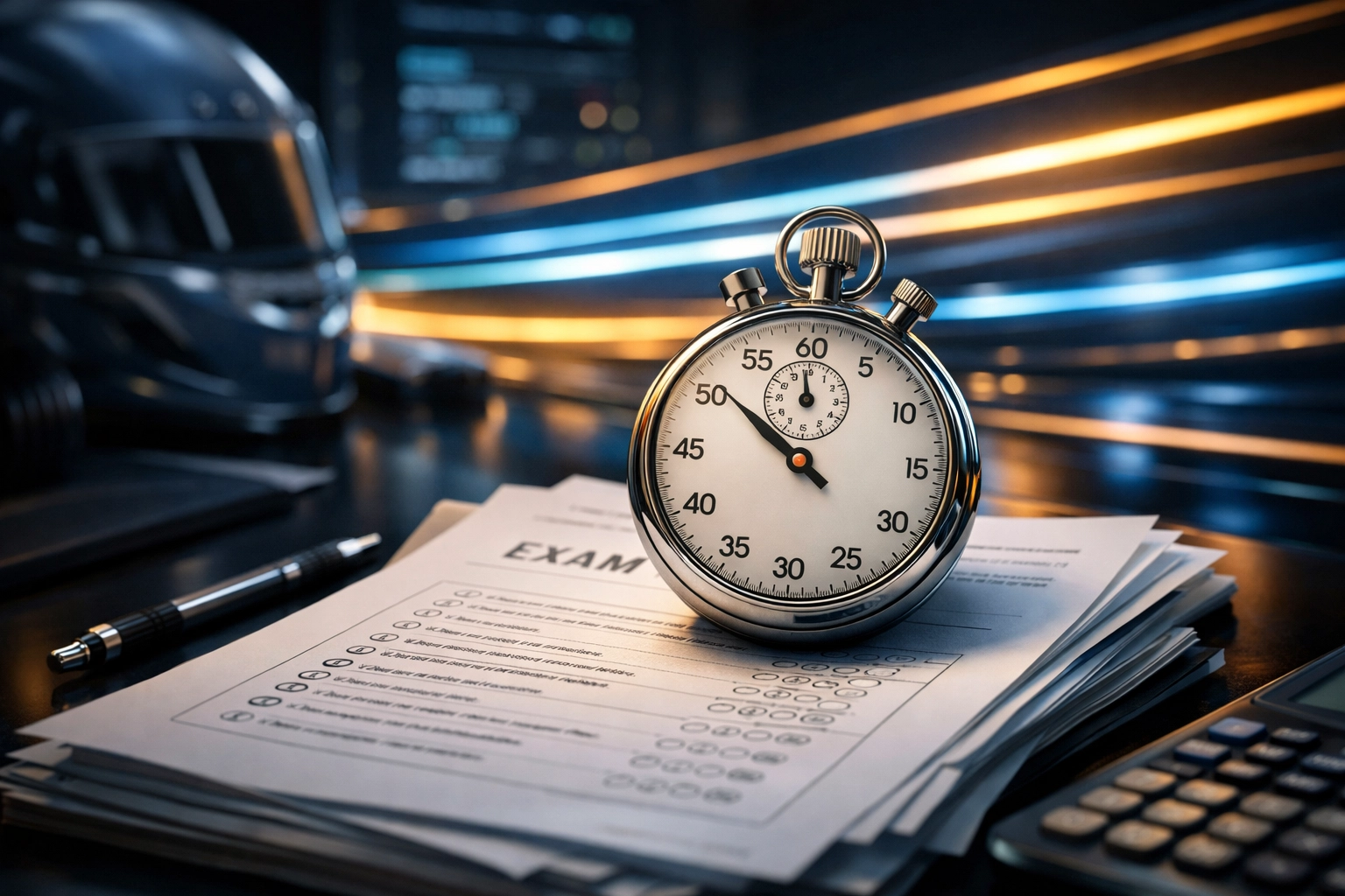 Timed A Level past paper practice on a desk with a stopwatch for efficient exam preparation.