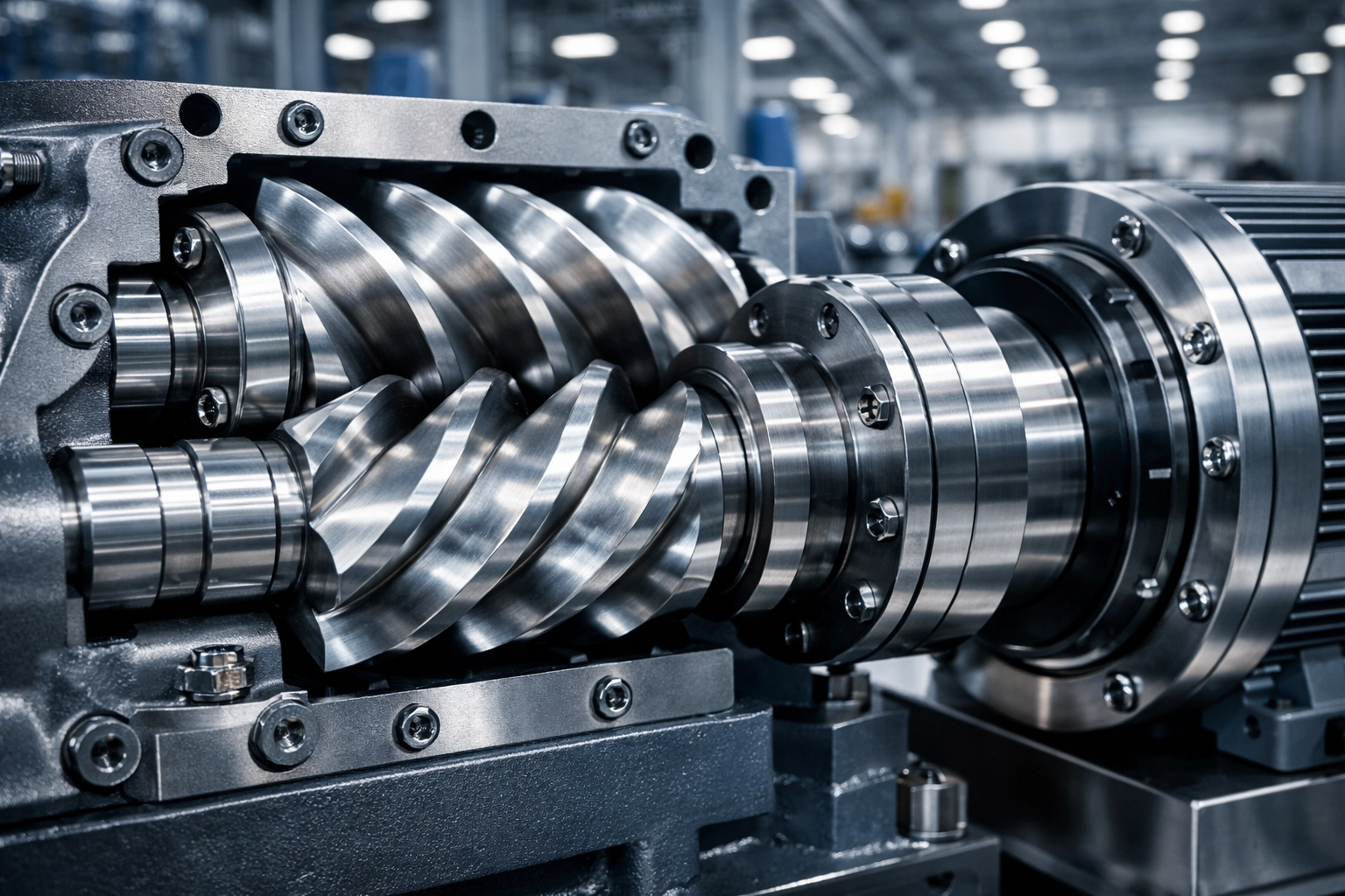 Internal view of screw air compressor rotors and PMV motor designed for industrial energy efficiency.