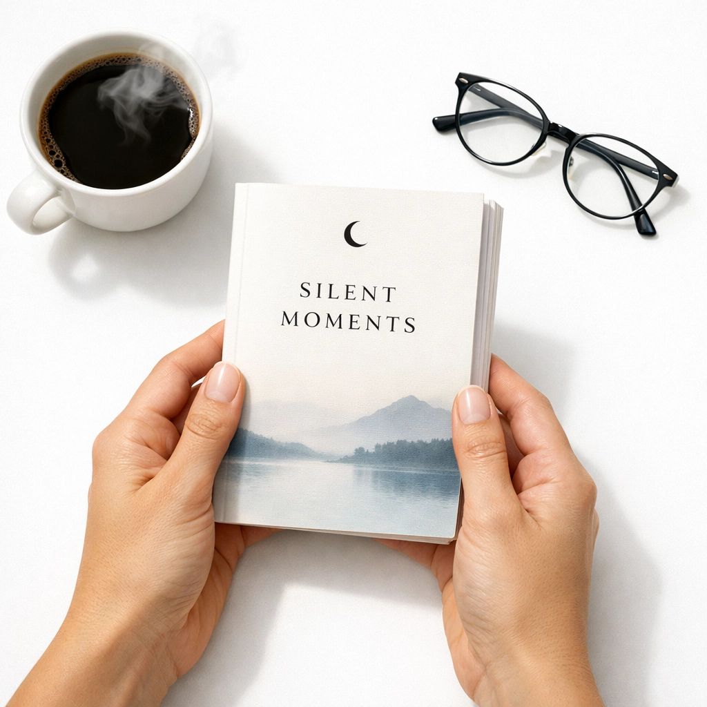 Hands holding a slim novella with coffee and reading glasses - perfect for a quick reading reset