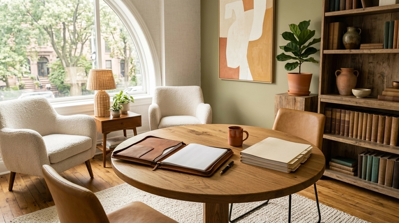 Upscale law office meeting table with organized legal documents and warm wood textures in a business boho setting.