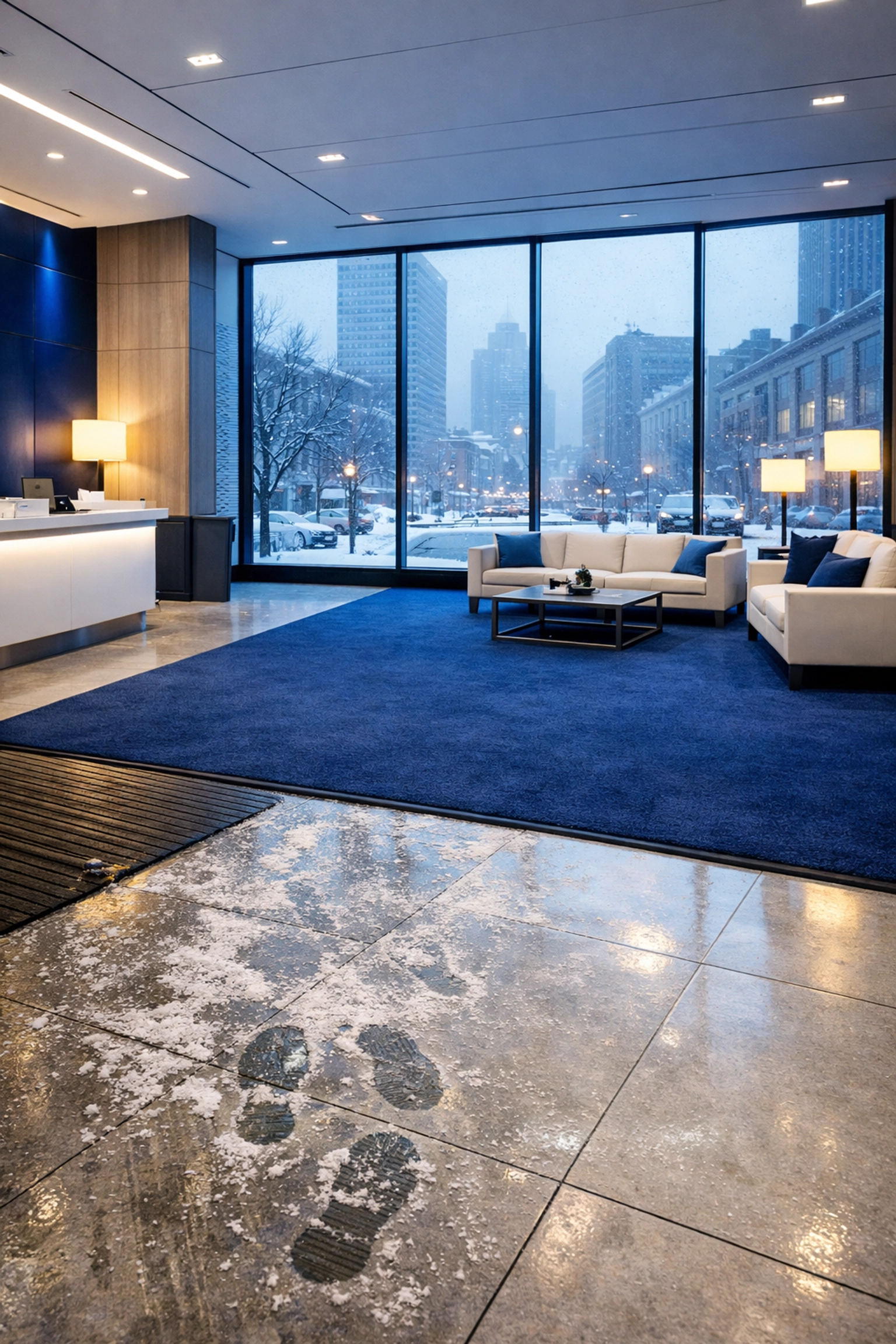 Clean commercial carpet in a Boston office lobby illustrating seasonal floor maintenance for MA businesses.