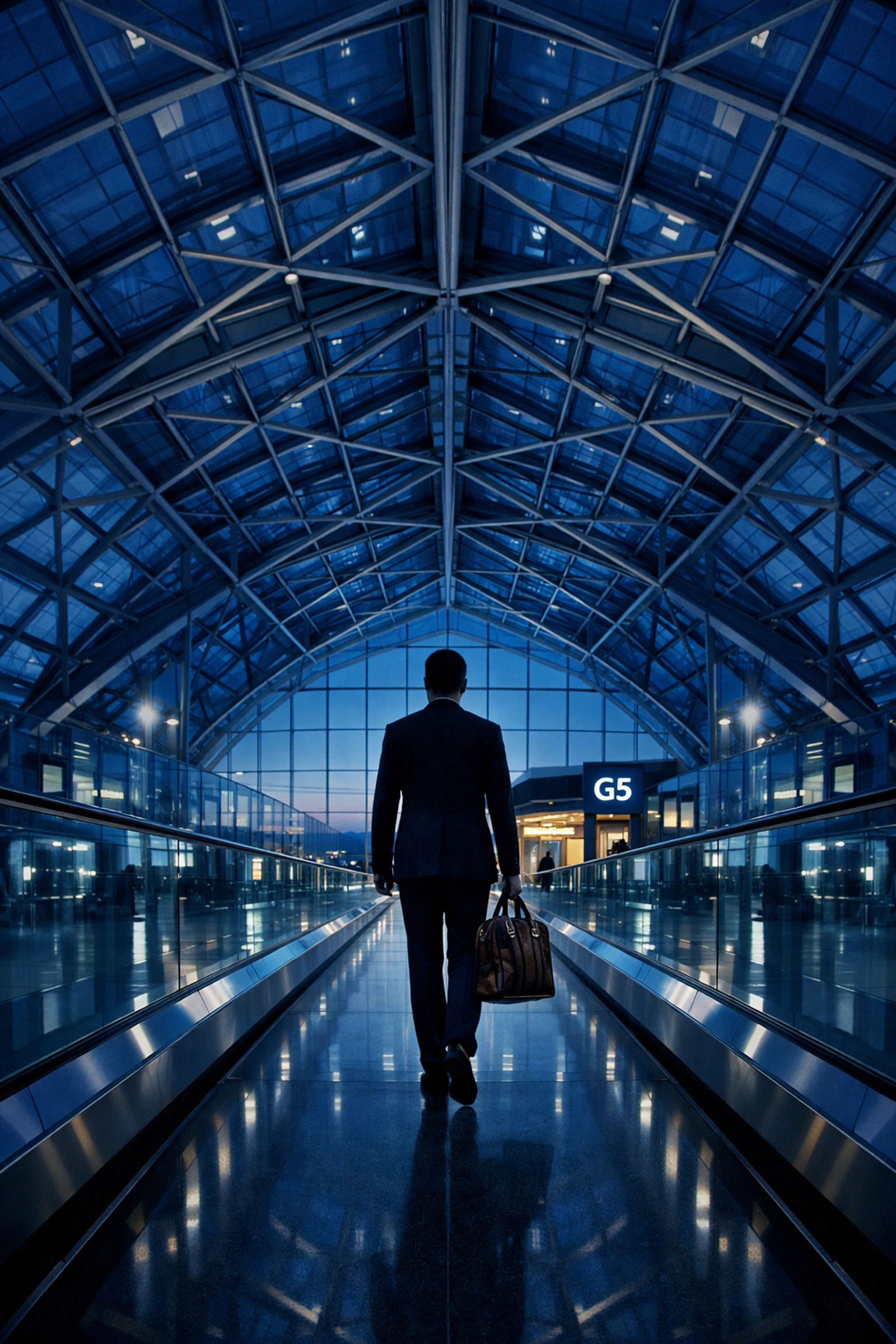 Modern airport terminal at twilight representing global human mobility and city-to-city travel.