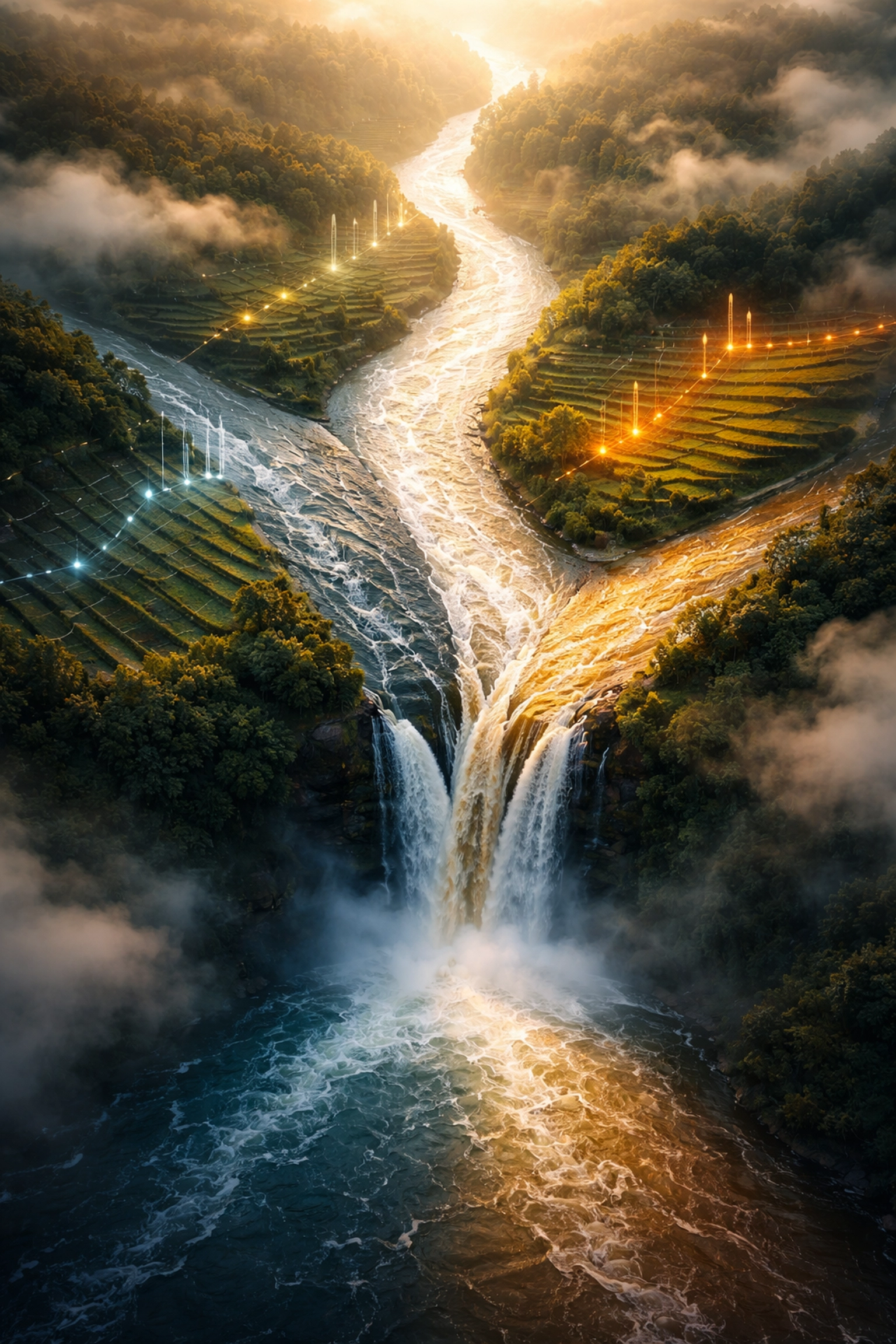 Three colored rivers merging, symbolizing alternative assets providing balance and diversification in a 40/30/30 portfolio.