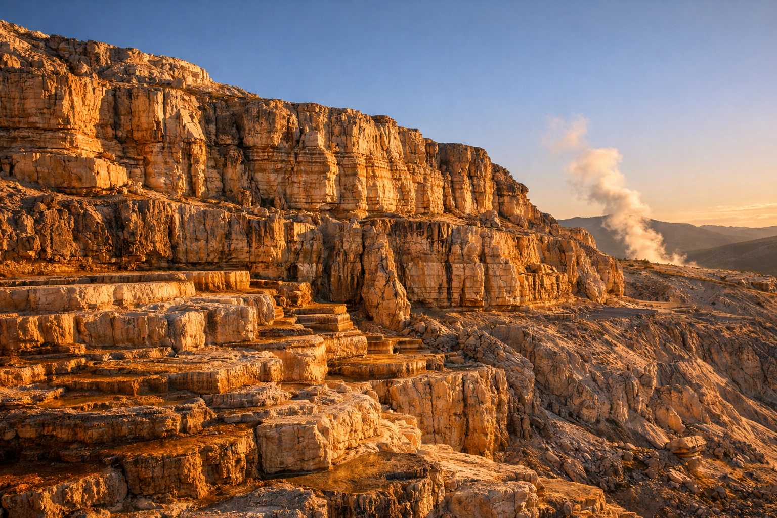 Ancient limestone sedimentary rock layers at Mammoth Hot Springs in Yellowstone National Park.