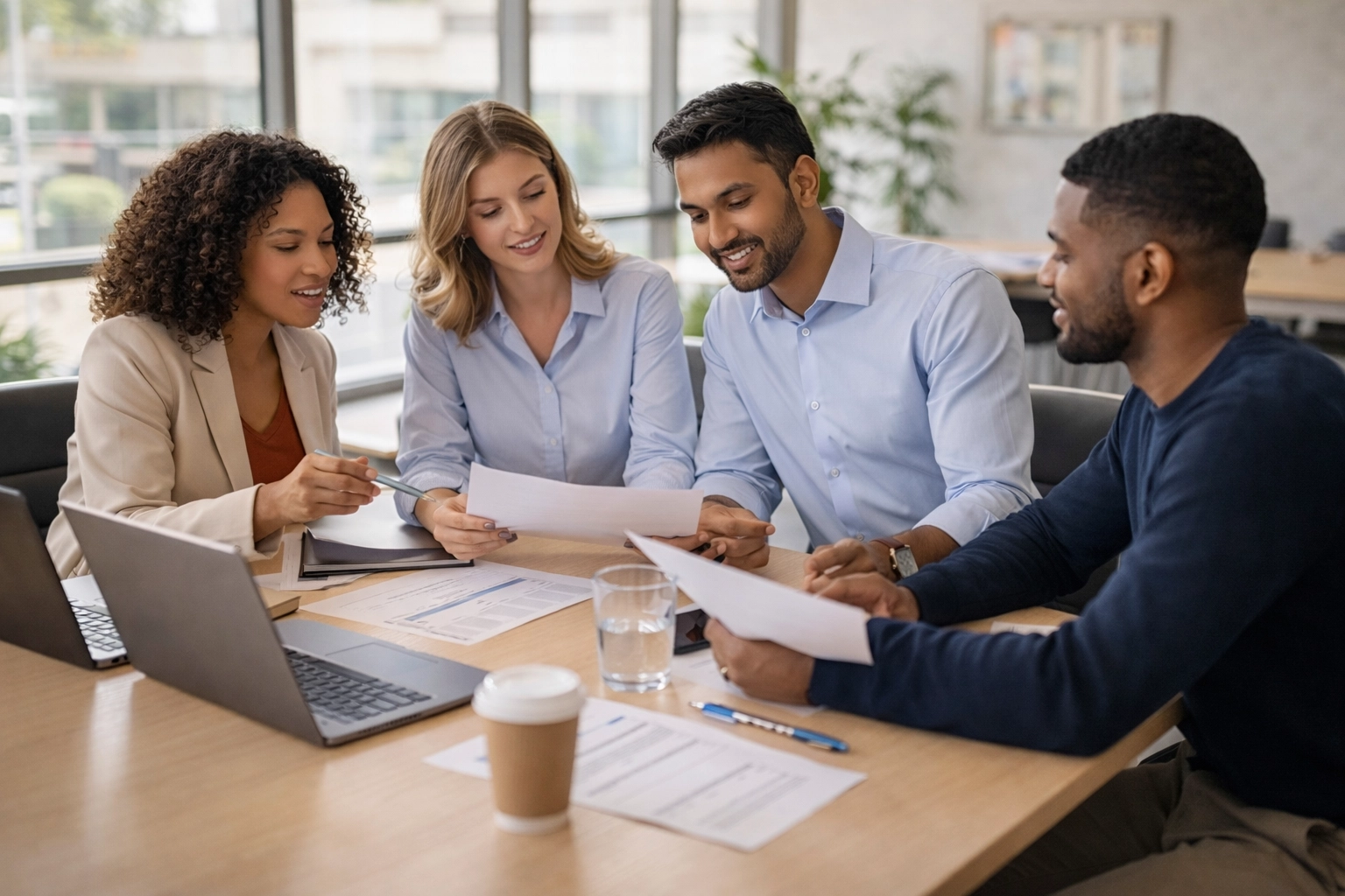 Small diverse team collaborating around a conference table with laptops and documents in a modern office.