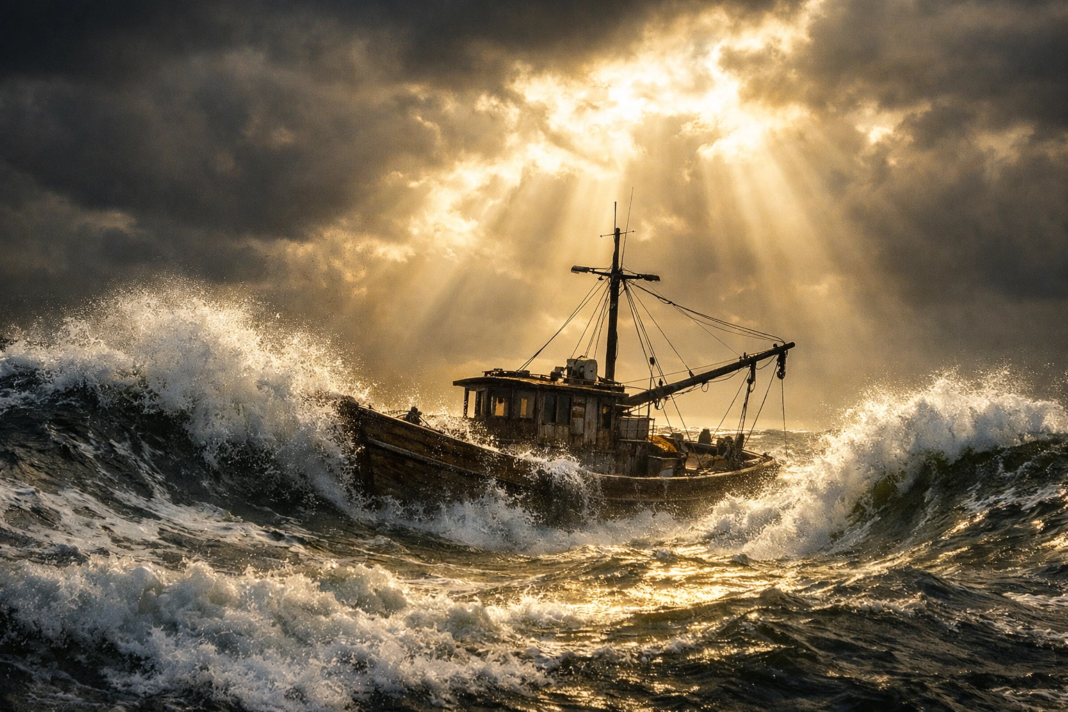 Wooden fishing boat in a turbulent sea with light breaking through clouds, symbolizing peace in chaos.