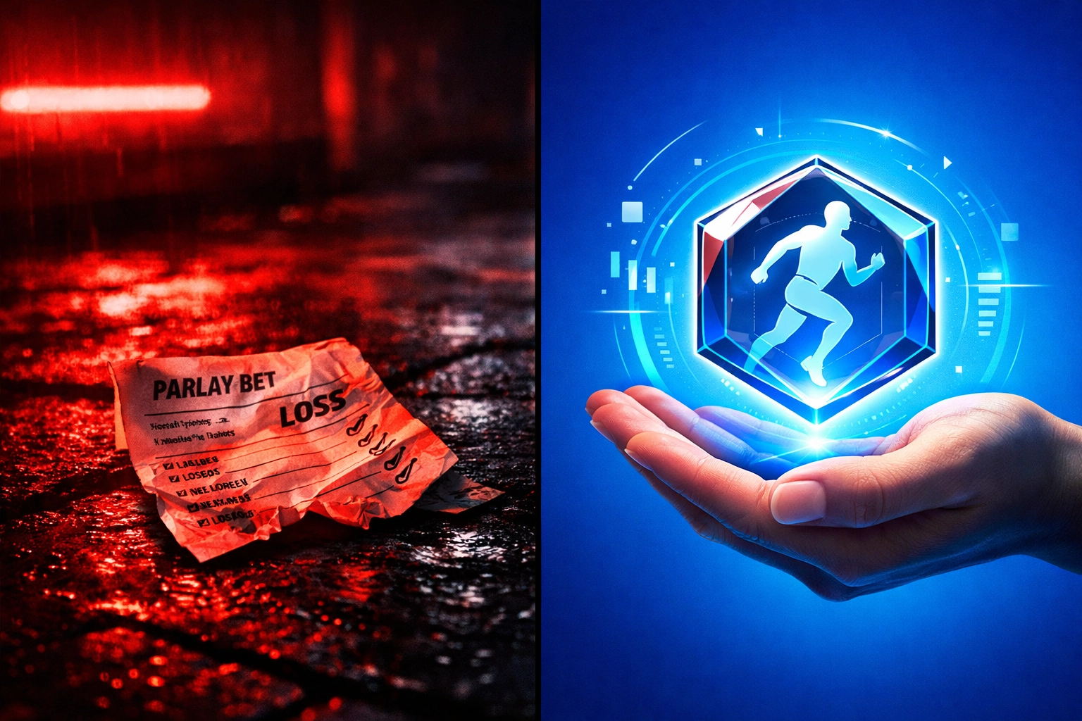 Comparison of a discarded betting slip and a digital player token representing sports asset ownership.