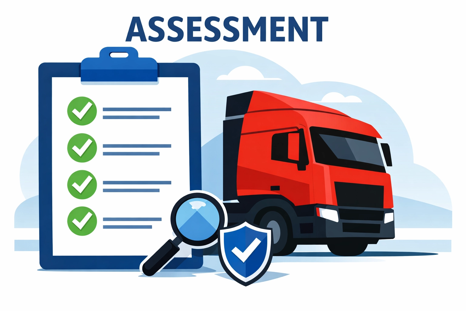 Driver Assessor course illustration showing HGV safety checks and professional evaluation standards.