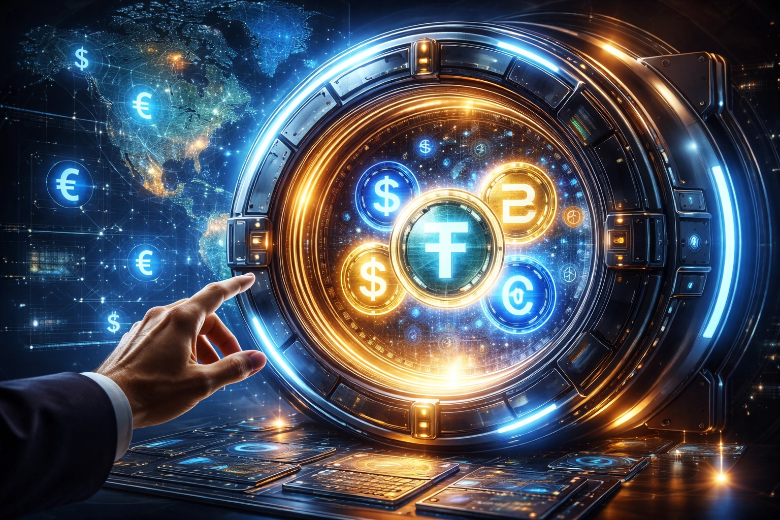 Glowing digital vault with stablecoin tokens and global currency icons representing secure, direct merchant payments with LUSD.