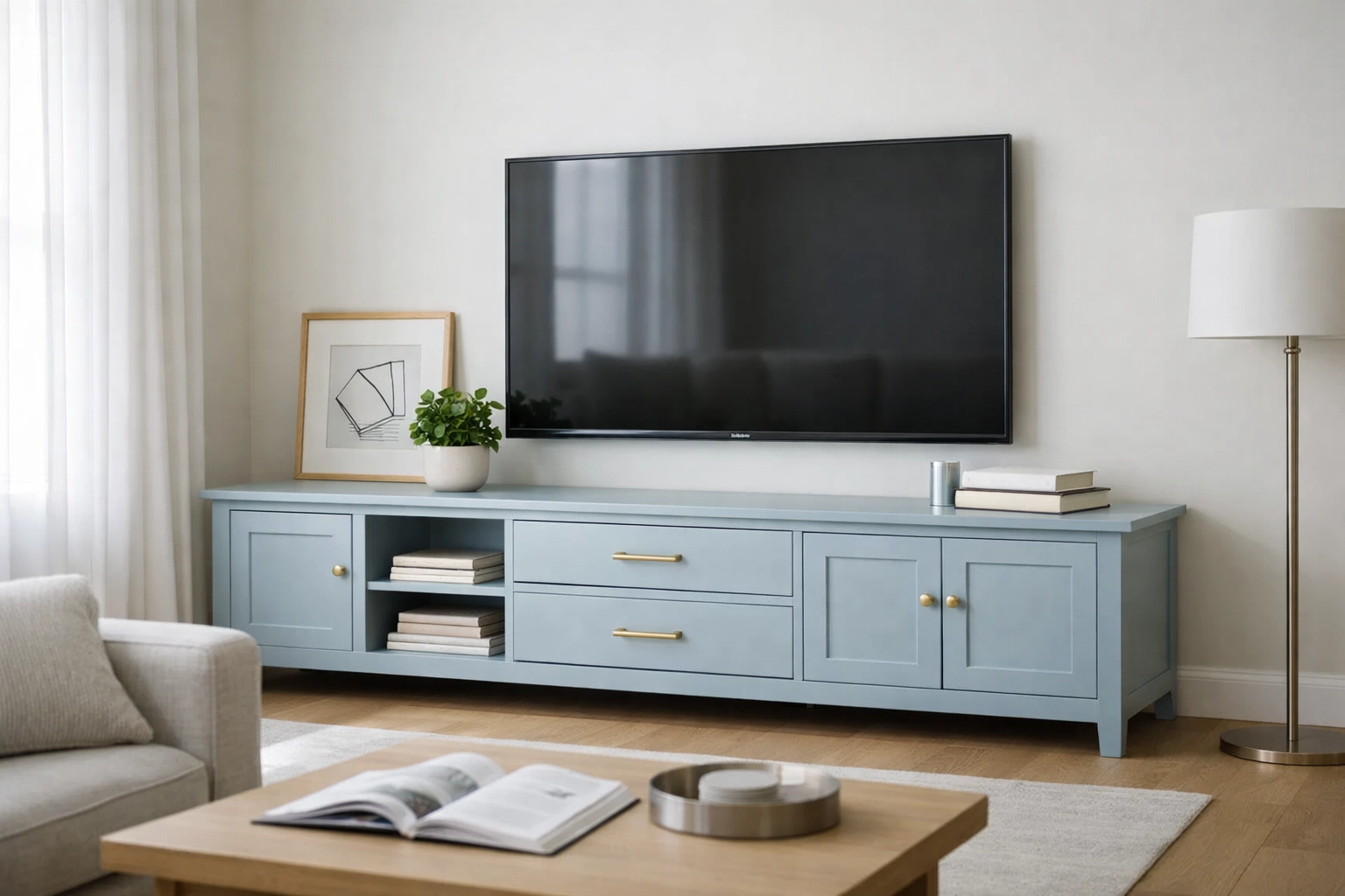 Close-up of an upcycled TV stand door with cream linen fabric and a dusty rose painted frame.
