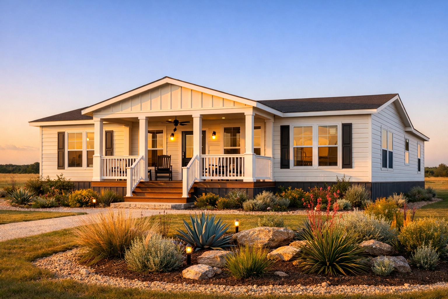 Modern manufactured home with a large porch and landscaping at Post Oak in Terrell, TX.