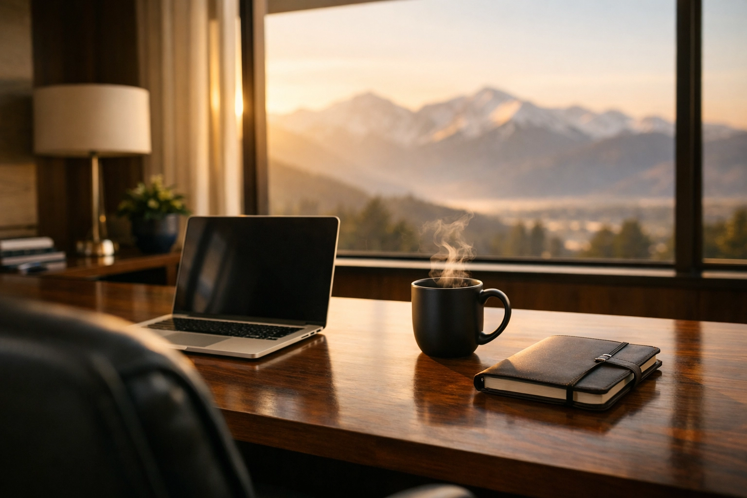 Morning sunrise over a Colorado office desk, symbolizing strategic readiness for brand partnership strategy at Dakdan.
