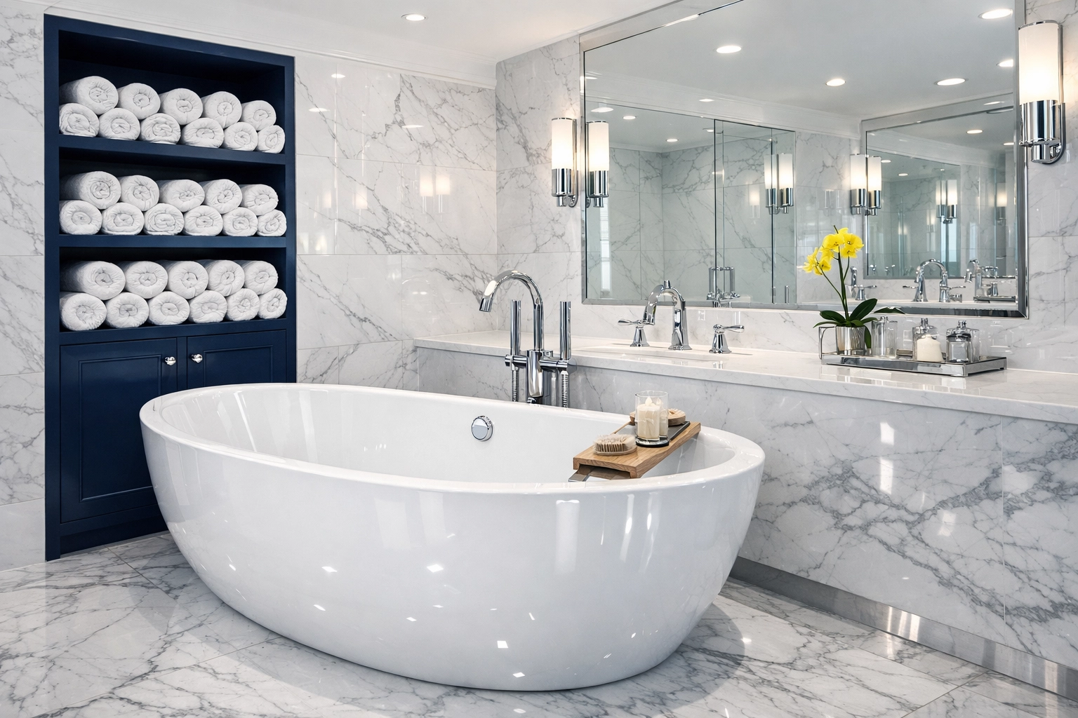 Sparkling luxury bathroom with polished fixtures from a residential cleaning Massachusetts session.